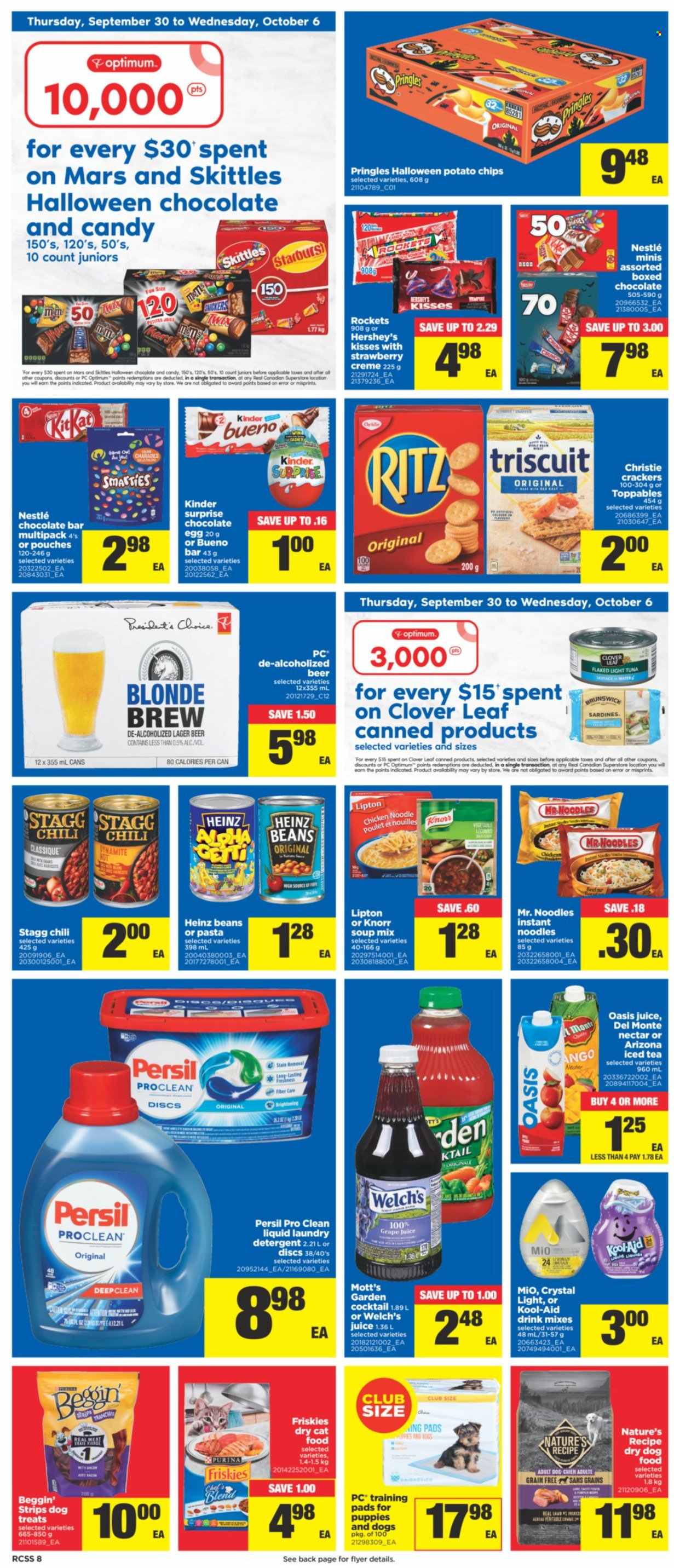 thumbnail - Real Canadian Superstore Flyer - September 30, 2021 - October 06, 2021 - Sales products - beans, Welch's, Mott's, sardines, soup mix, soup, instant noodles, noodles, Clover, eggs, Hershey's, strips, Kinder Surprise, Mars, crackers, Skittles, Starburst, RITZ, chocolate bar, potato chips, Pringles, Heinz, light tuna, juice, ice tea, AriZona, beer, Lager, Persil, laundry detergent, training pads, animal food, cat food, dog food, Purina, Optimum, dry dog food, dry cat food, Beggin', Friskies, Knorr, Nestlé, detergent, chips, Lipton. Page 8.