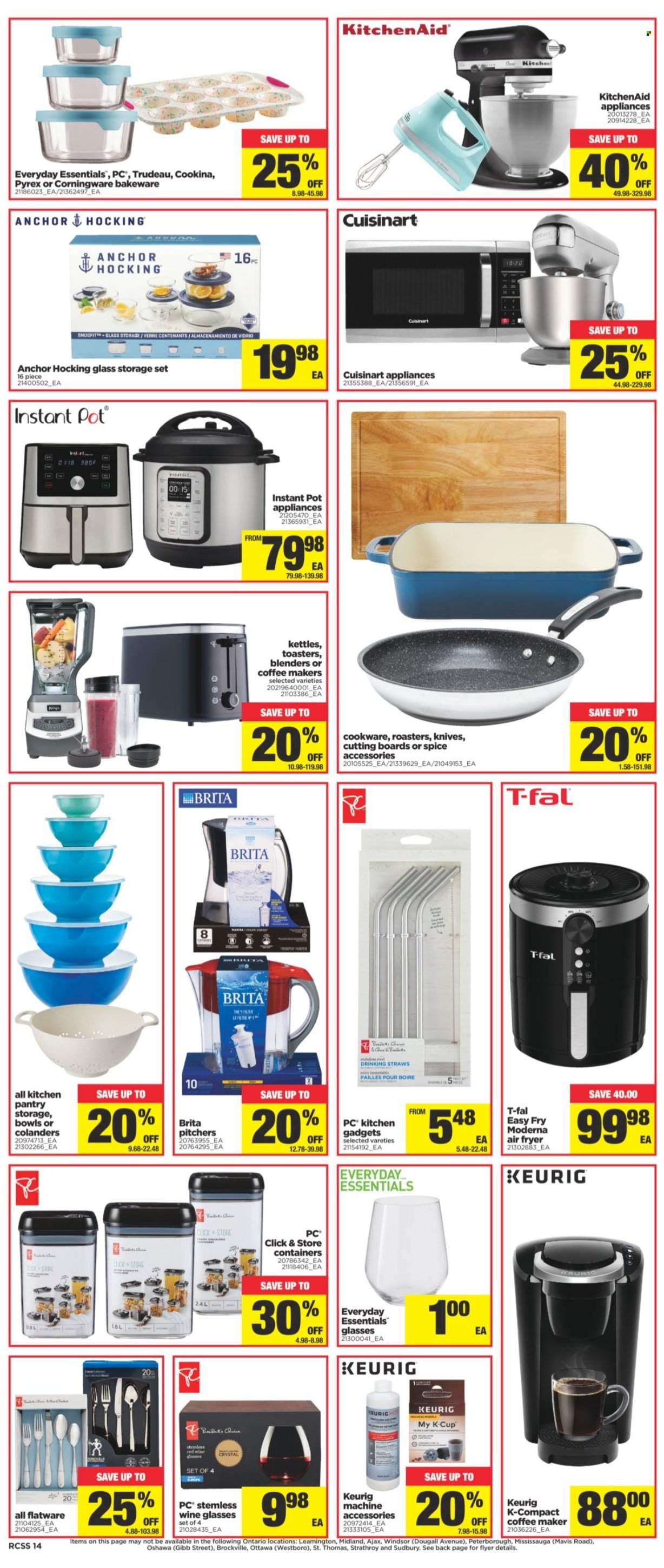 thumbnail - Real Canadian Superstore Flyer - September 30, 2021 - October 06, 2021 - Sales products - Anchor, spice, Keurig, red wine, wine, Ajax, cookware set, flatware, KitchenAid, knife, wine glass, pot, straw, bakeware, Cuisinart, Pyrex, storage container set, coffee machine, air fryer, Instant Pot. Page 14.