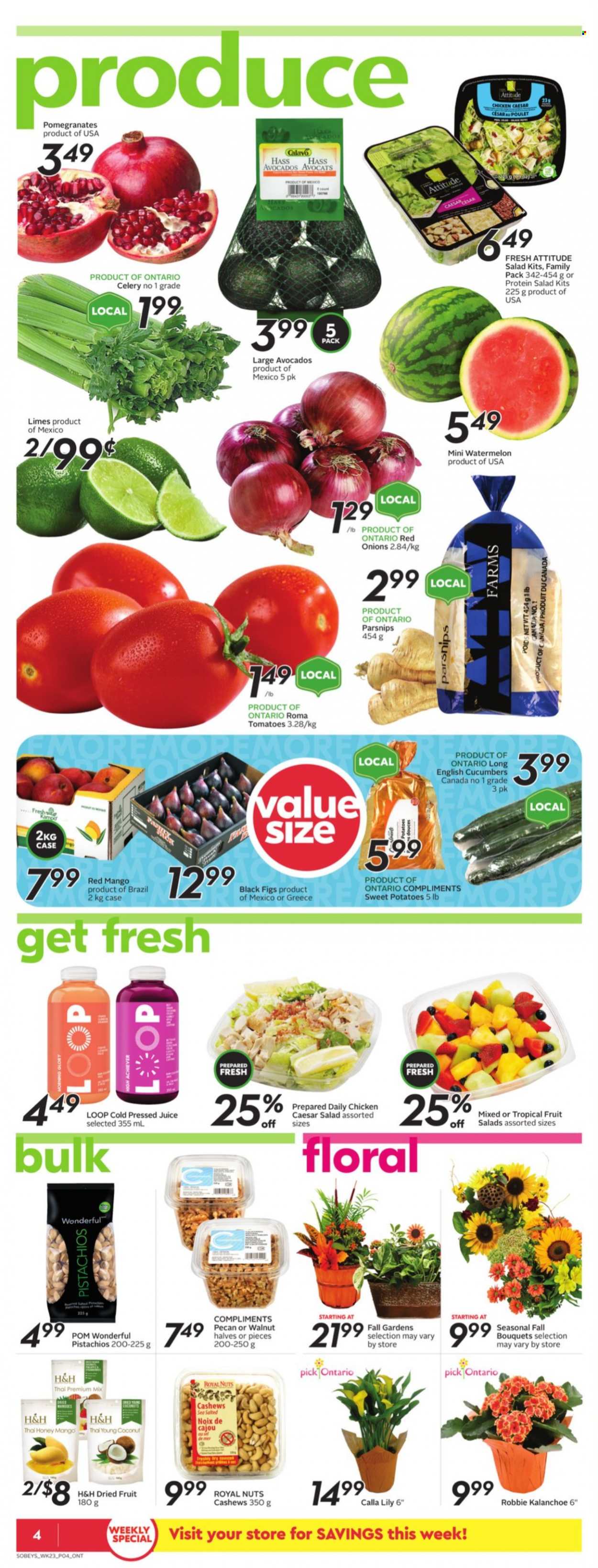 thumbnail - Sobeys Flyer - September 30, 2021 - October 06, 2021 - Sales products - celery, cucumber, red onions, sweet potato, tomatoes, potatoes, parsnips, onion, salad, avocado, figs, limes, mango, watermelon, coconut, pomegranate, honey, cashews, walnuts, dried fruit, pistachios, juice. Page 4.