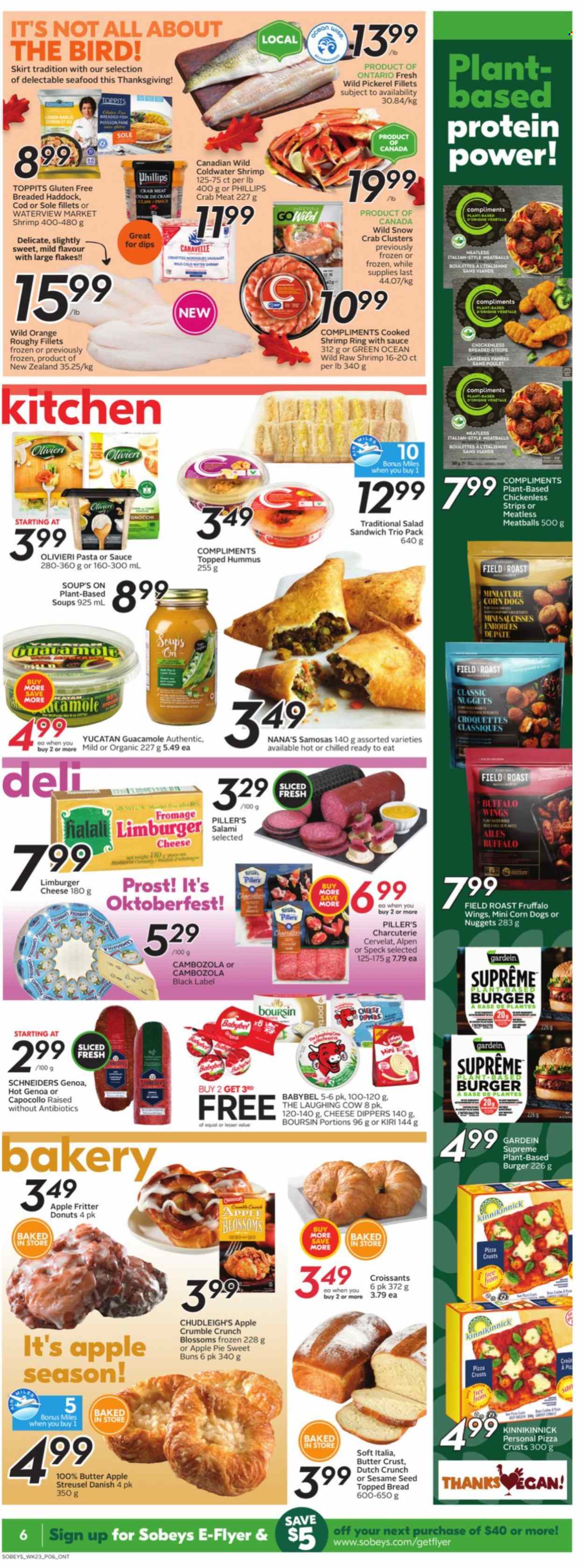 thumbnail - Sobeys Flyer - September 30, 2021 - October 06, 2021 - Sales products - bread, pie, croissant, buns, apple pie, donut, salad, cod, crab meat, haddock, seafood, crab, fish, shrimps, walleye, pizza, meatballs, sandwich, soup, nuggets, hamburger, breaded fish, salami, hummus, guacamole, Kiri, The Laughing Cow, Babybel, butter, strips, potato croquettes, sesame seed, Nana, gnocchi, oranges. Page 6.