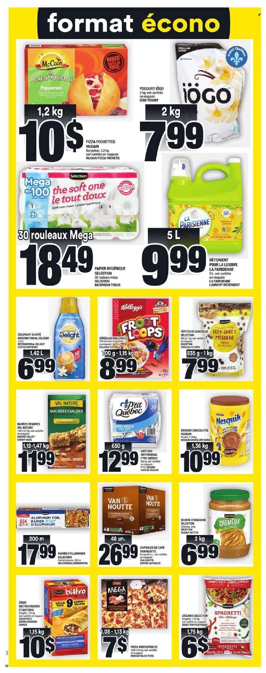 thumbnail - Super C Flyer - September 30, 2021 - October 06, 2021 - Sales products - spaghetti, pizza, pepperoni, yoghurt, Stouffer's, McCain, snack, Kellogg's, Nature Valley, peanut butter, coffee capsules, K-Cups, bath tissue, laundry detergent, Nesquik, detergent. Page 7.