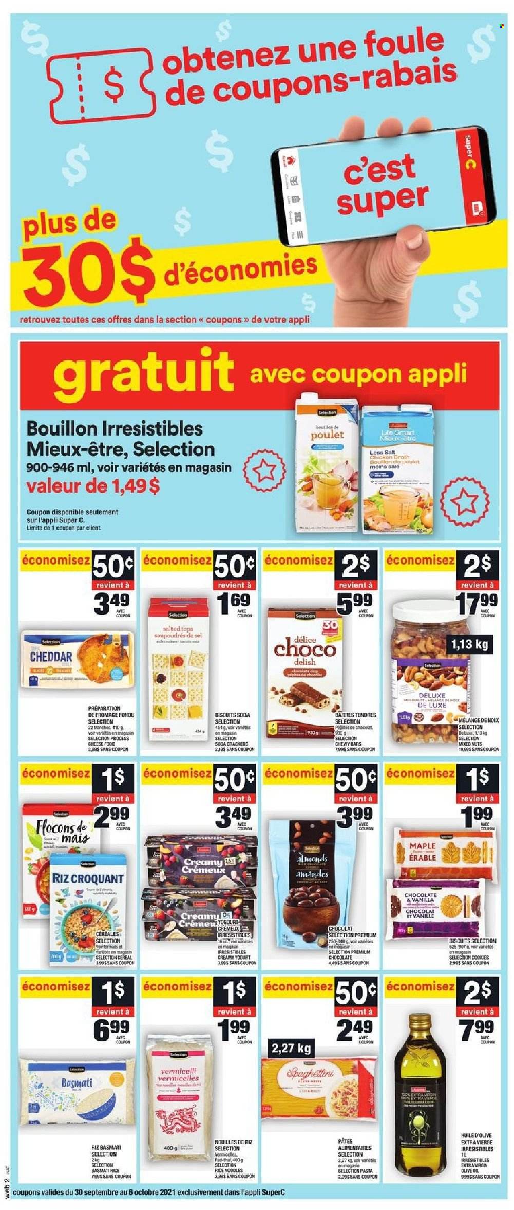 thumbnail - Super C Flyer - September 30, 2021 - October 06, 2021 - Sales products - pasta, cheddar, cheese, yoghurt, cookies, chocolate, crackers, biscuit, bouillon, chicken broth, broth, cereals, basmati rice, rice, soda. Page 10.