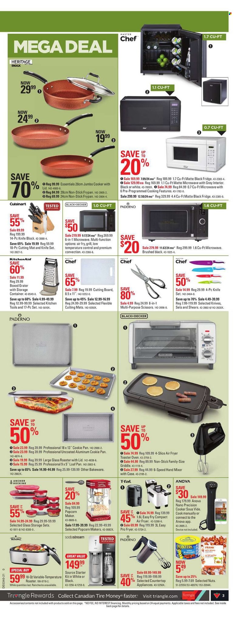 thumbnail - Canadian Tire Flyer - September 30, 2021 - October 07, 2021 - Sales products - cutting board, KitchenAid, knife, pan, knife block, SodaStream, handy grater, bakeware, frying pan, Cuisinart, kitchen tools, container, storage box, scissors, refrigerator, fridge, microwave, Black & Decker, mixer, hand mixer, air fryer, roaster, grill, starter. Page 4.