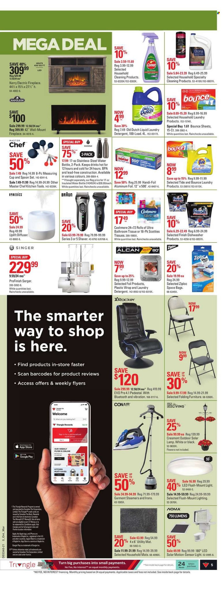 thumbnail - Canadian Tire Flyer - September 30, 2021 - October 07, 2021 - Sales products - bath tissue, Tide, laundry detergent, Bounce, bag, Ziploc, spoon, drink bottle, measuring cup, kitchen tools, aluminium foil, Manna, diffuser, dishwasher, shaver, lamp, fireplace, electric fireplace, Braun, detergent. Page 6.