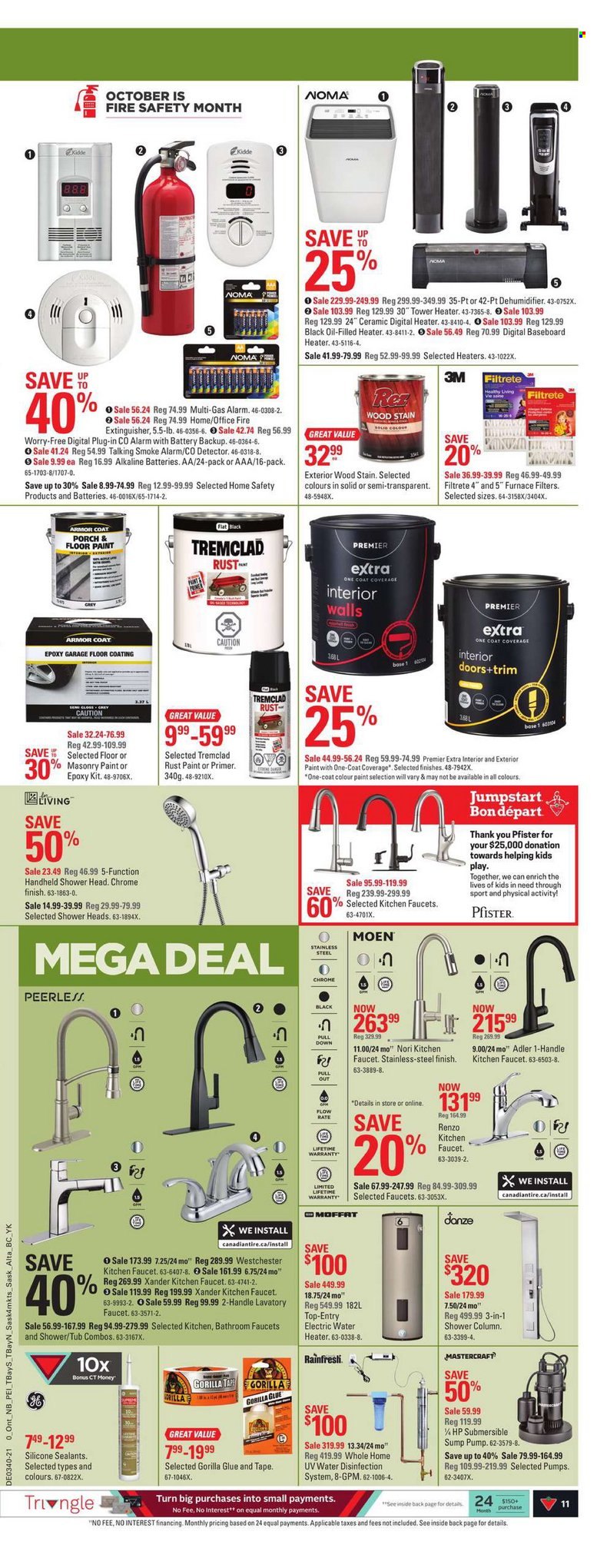thumbnail - Canadian Tire Flyer - September 30, 2021 - October 07, 2021 - Sales products - extinguisher, glue, deco strips, water heater, Filtrete, pump, faucet, showerhead, silicone sealants, paint. Page 12.