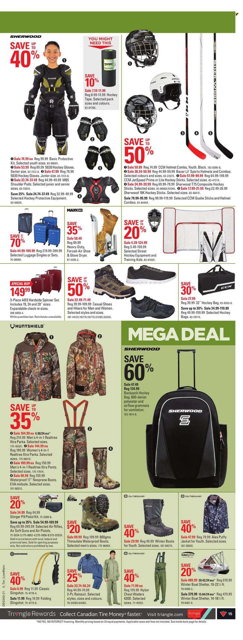 thumbnail - Canadian Tire Flyer - September 30, 2021 - October 07, 2021 - Sales products - XTRA, bag, boots, shoes, winter boots, hiking shoes, helmet, boat, rifle, pistol, parka. Page 16.
