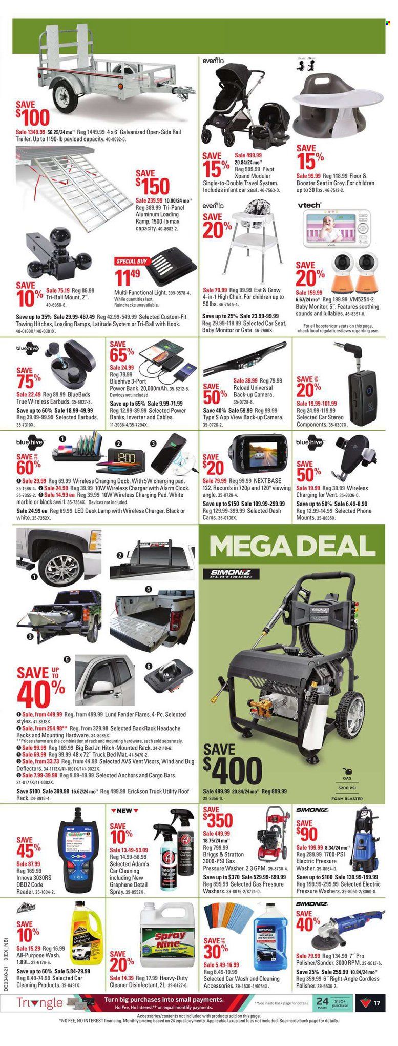 thumbnail - Canadian Tire Flyer - September 30, 2021 - October 07, 2021 - Sales products - cleaner, clock, alarm clock, wireless charger, baby monitor, high chair, chair, bed, Vtech, trailer, baby car seat, lamp, electric pressure washer, pressure washer, mobile phone holder, car ramps, roof rack, car cleaning products, camera, desinfection. Page 18.