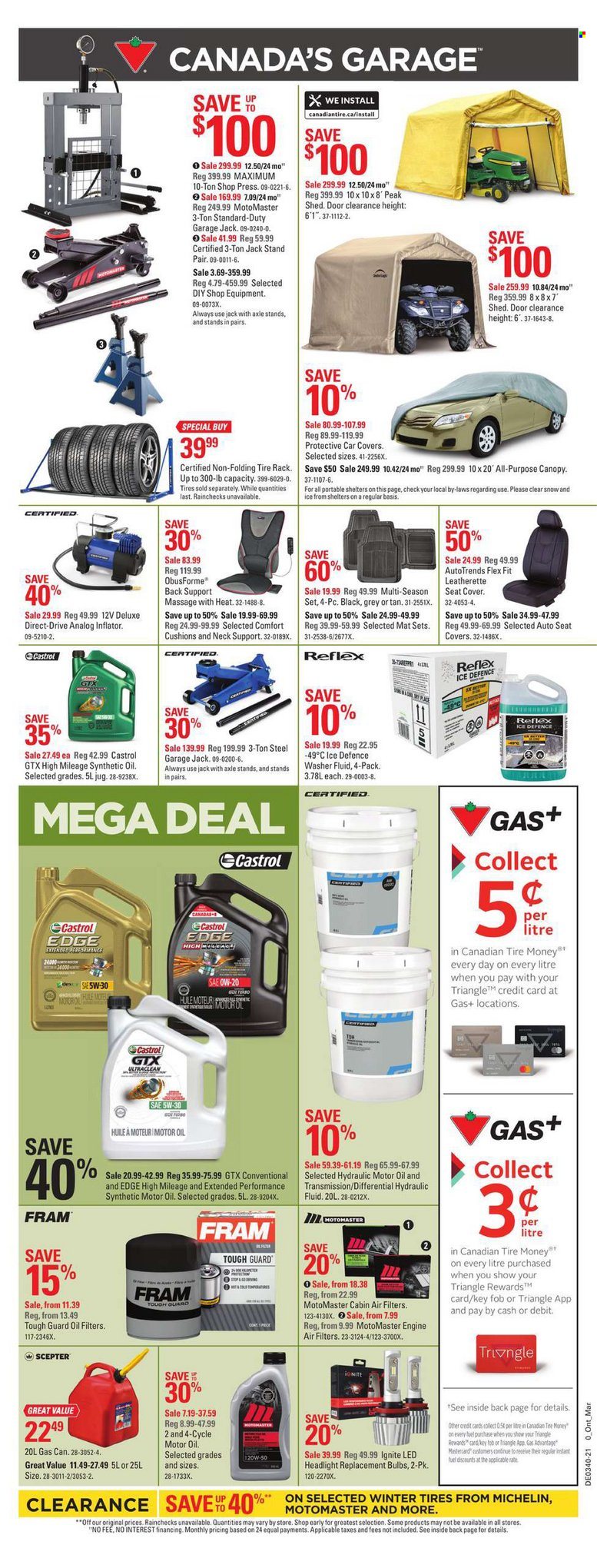 thumbnail - Canadian Tire Flyer - September 30, 2021 - October 07, 2021 - Sales products - cushion, washing machine, inflator, shed, air filter, car seat cover, oil filter, cabin filter, washer fluid, motor oil, Castrol, hydraulic fluids, tires, Michelin. Page 21.