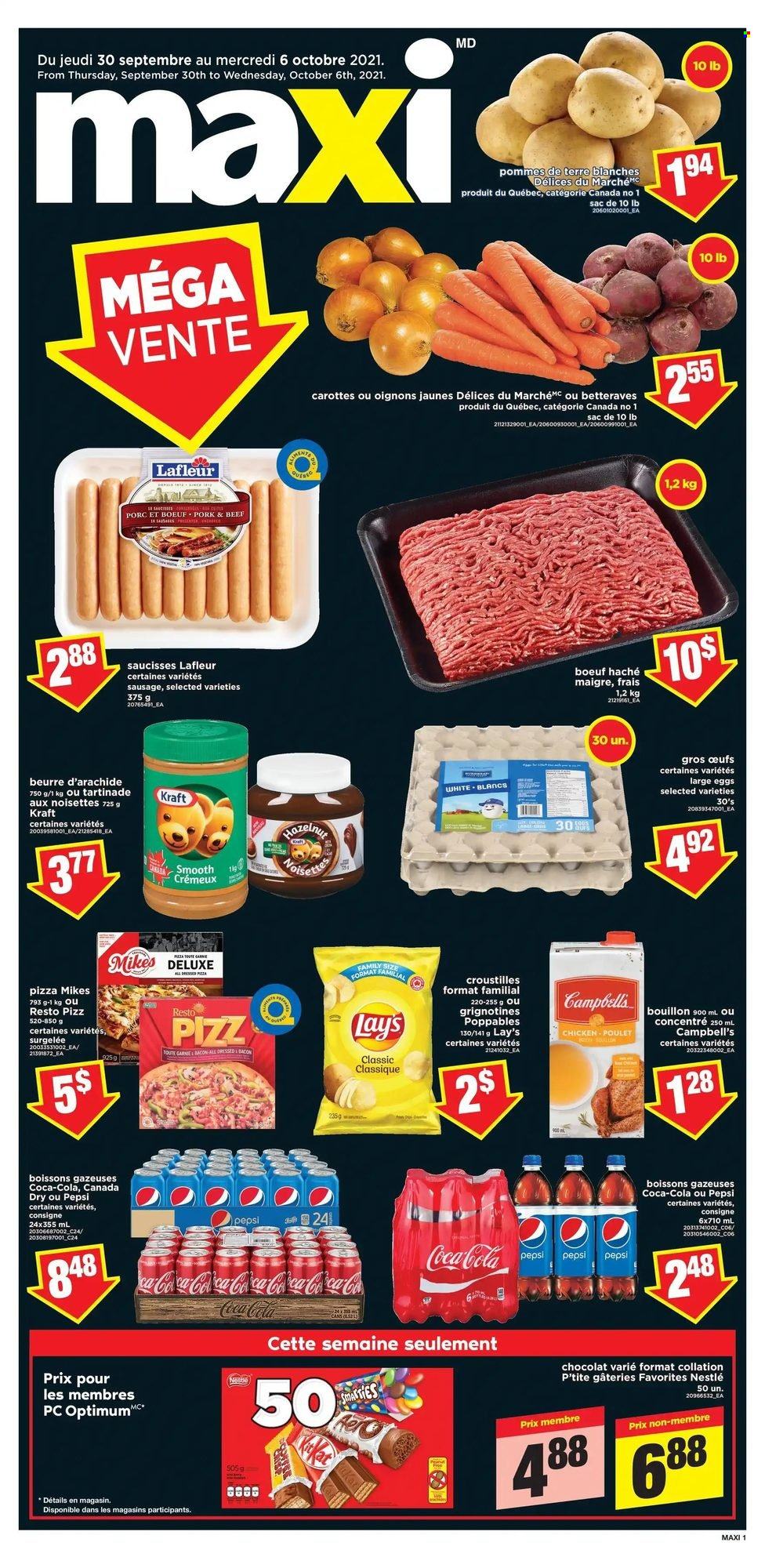Maxi Flyer - September 30, 2021 - October 06, 2021 - Sales products - Campbell's, pizza, Kraft®, bacon, sausage, large eggs, Lay's, bouillon, Canada Dry, Coca-Cola, Pepsi, Nestlé. Page 1.
