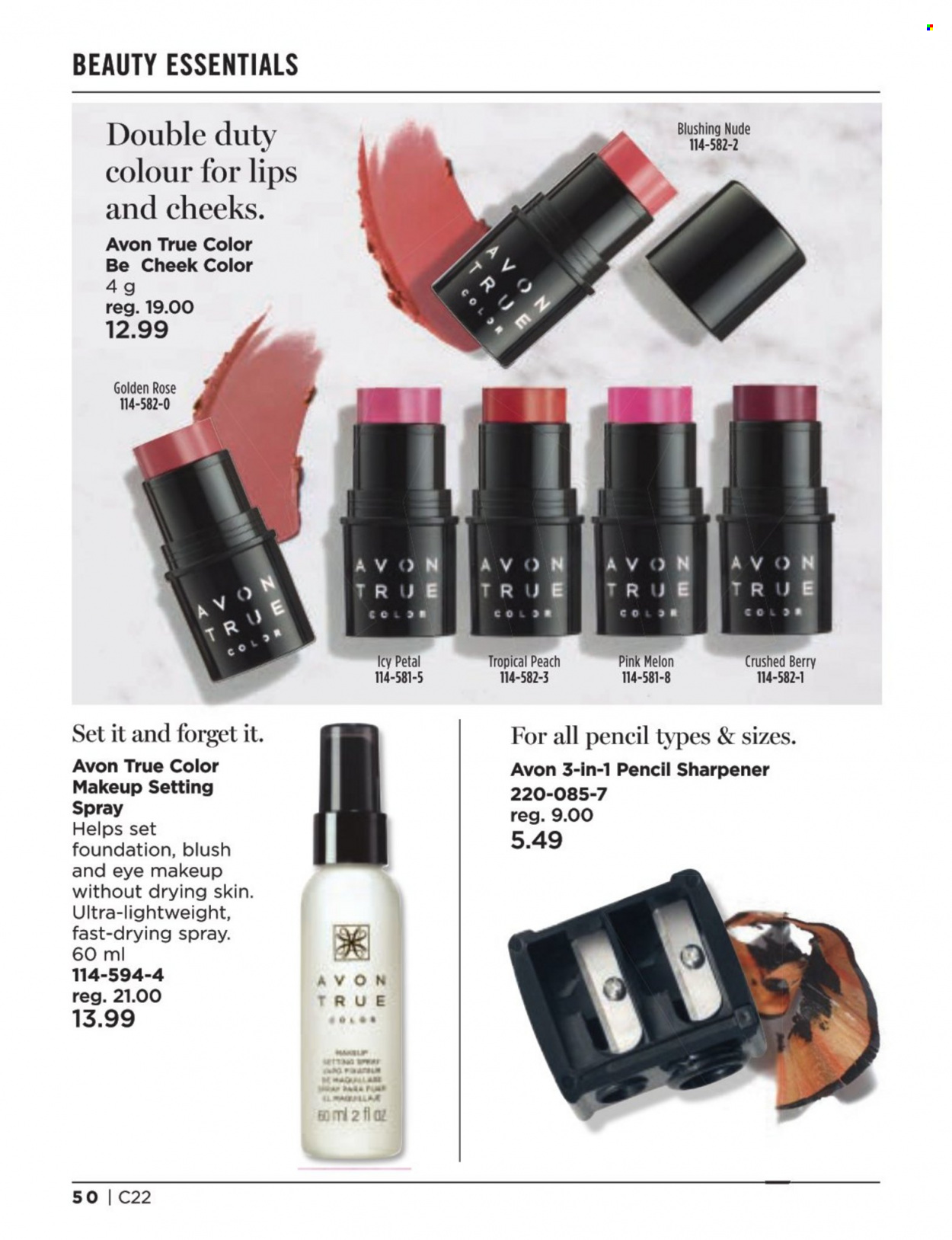 thumbnail - Avon Flyer - Sales products - Avon, True Color, makeup, setting spray. Page 50.