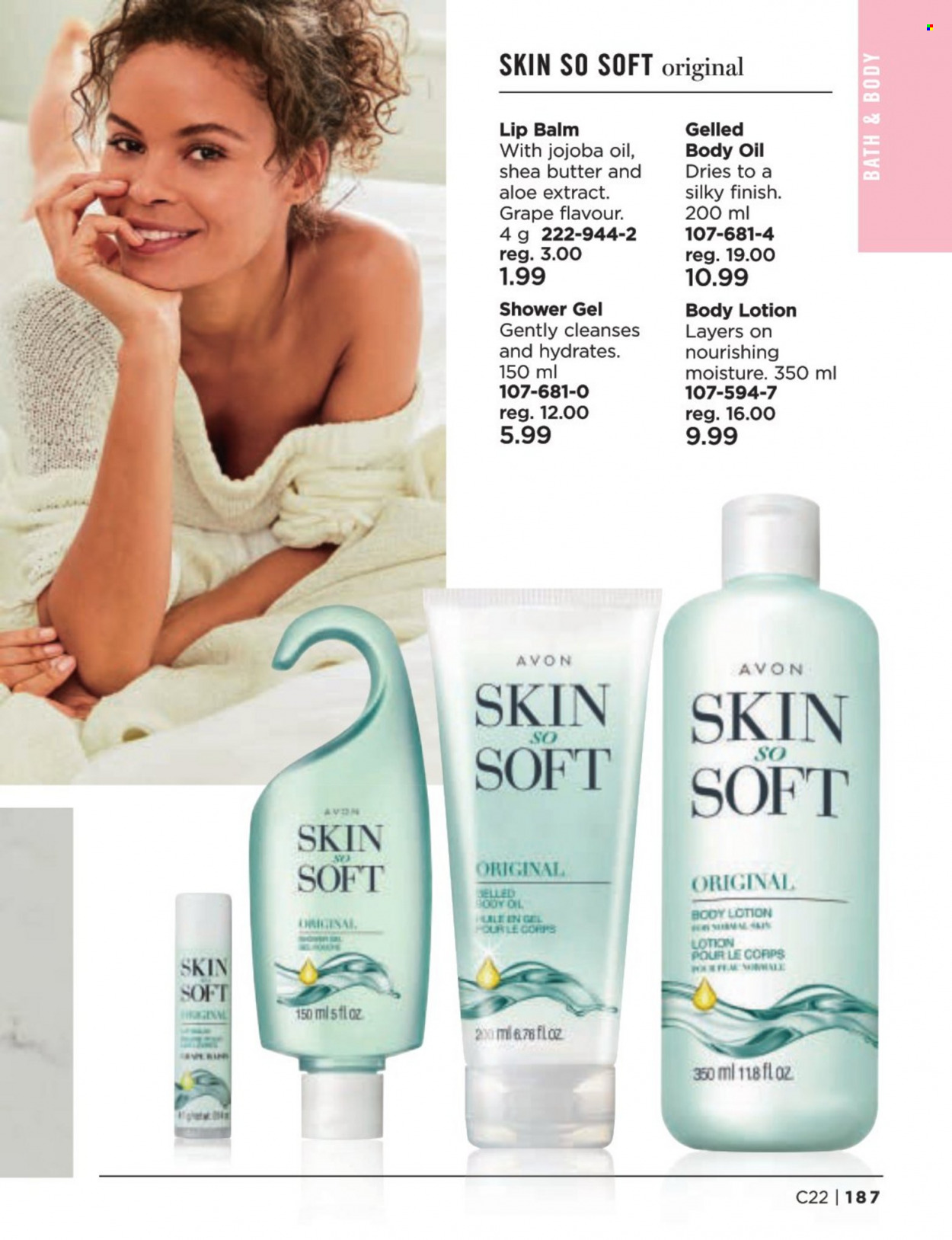 thumbnail - Avon Flyer - Sales products - shower gel, Avon, lip balm, Skin So Soft, body lotion, body oil. Page 187.