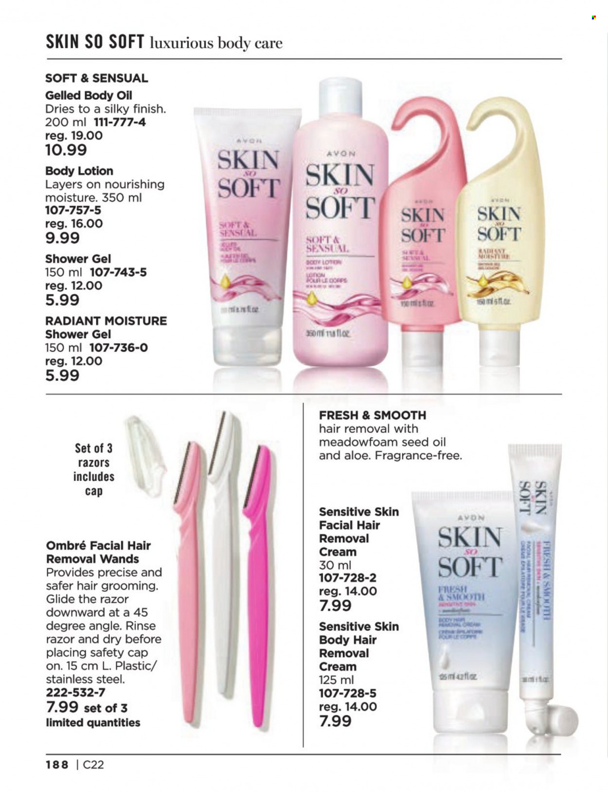 thumbnail - Avon Flyer - Sales products - shower gel, Avon, Skin So Soft, hair cream, body lotion, body oil, fragrance, razor, hair removal, cap. Page 188.