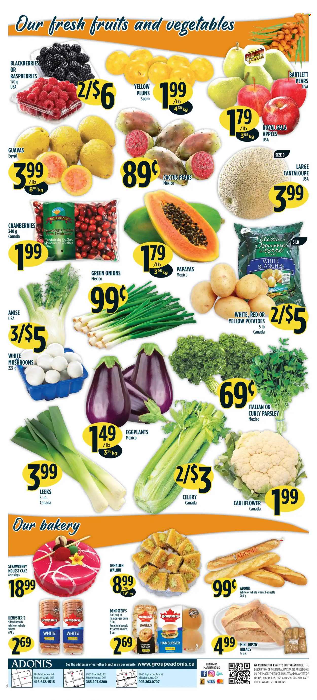 thumbnail - Adonis Flyer - September 30, 2021 - October 06, 2021 - Sales products - mushrooms, bagels, cake, buns, burger buns, cantaloupe, cauliflower, celery, potatoes, parsley, eggplant, green onion, apples, Bartlett pears, blackberries, Gala, plums, pears, seafood, cranberries, baguette. Page 4.