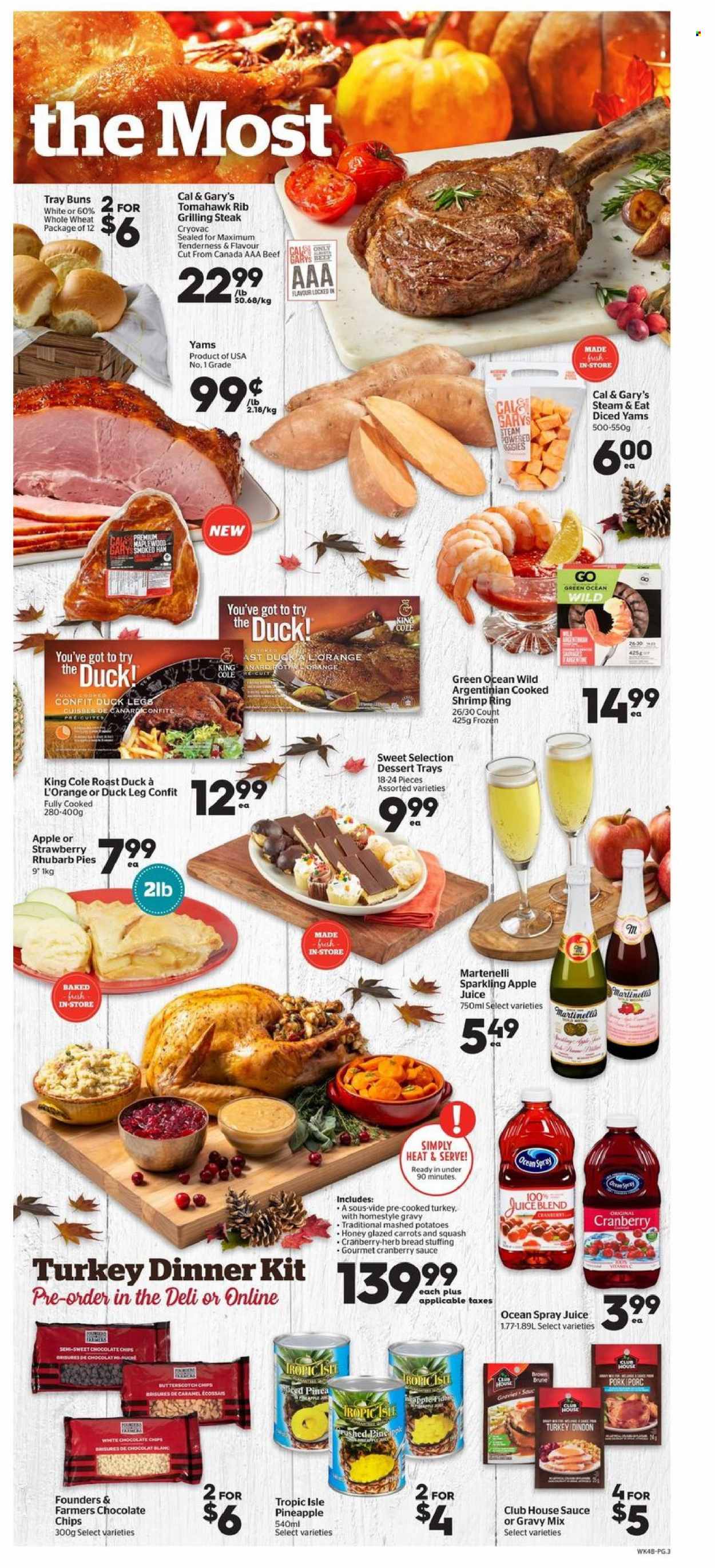 thumbnail - Calgary Co-op Flyer - September 30, 2021 - October 06, 2021 - Sales products - bread, carrots, rhubarb, pineapple, shrimps, mashed potatoes, dinner kit, ham, smoked ham, butterscotch, white chocolate, gravy mix, herbs, homestyle gravy, cranberry sauce, apple juice, juice, duck meat, duck leg, tomahawk steak, steak, oranges. Page 3.