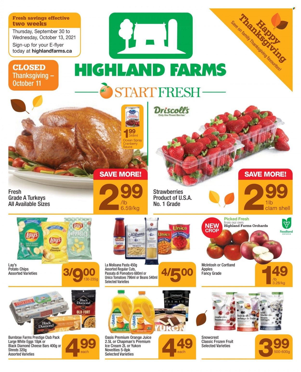 thumbnail - Highland Farms Flyer - September 30, 2021 - October 13, 2021 - Sales products - beans, tomatoes, apples, strawberries, clams, pasta, sauce, cheese, eggs, ice cream, potato chips, Lay’s, cranberry sauce, orange juice, juice. Page 1.