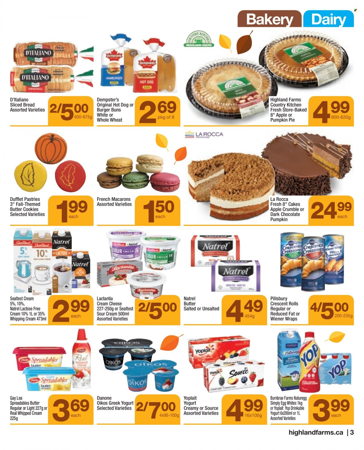thumbnail - Highland Farms Flyer - September 30, 2021 - October 13, 2021 - Sales products - bread, cake, pie, buns, burger buns, wraps, crescent rolls, pumpkin, hot dog, Pillsbury, cream cheese, cheese, greek yoghurt, yoghurt, Oikos, Yoplait, eggs, sour cream, whipped cream, whipping cream, cookies, chocolate, butter cookies, Danone. Page 3.