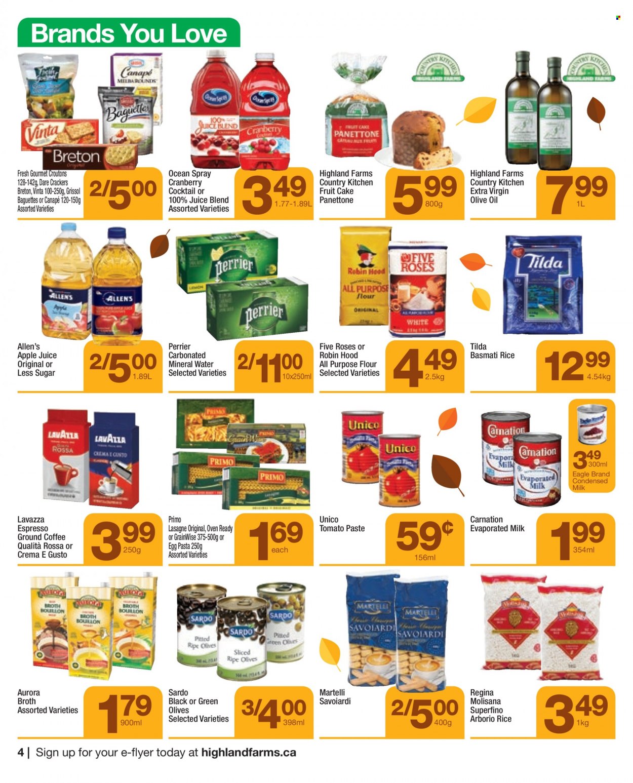 thumbnail - Highland Farms Flyer - September 30, 2021 - October 13, 2021 - Sales products - cake, panettone, pasta, evaporated milk, condensed milk, crackers, all purpose flour, croutons, flour, broth, tomato paste, basmati rice, rice, extra virgin olive oil, olive oil, oil, apple juice, juice, Perrier, mineral water, coffee, ground coffee, Lavazza, baguette, olives. Page 4.