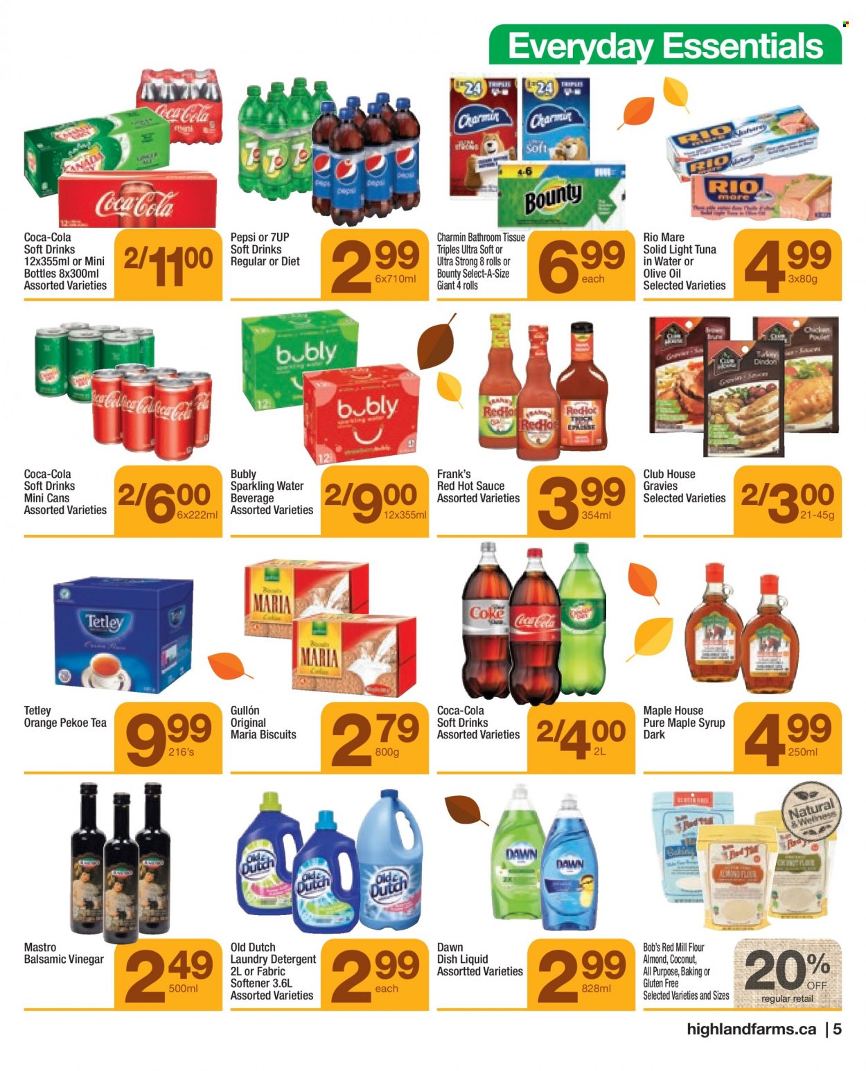 thumbnail - Highland Farms Flyer - September 30, 2021 - October 13, 2021 - Sales products - coconut, tuna, sauce, Bounty, biscuit, flour, tuna in water, light tuna, hot sauce, balsamic vinegar, vinegar, olive oil, oil, maple syrup, syrup, Coca-Cola, Pepsi, soft drink, 7UP, sparkling water, tea, oranges. Page 5.