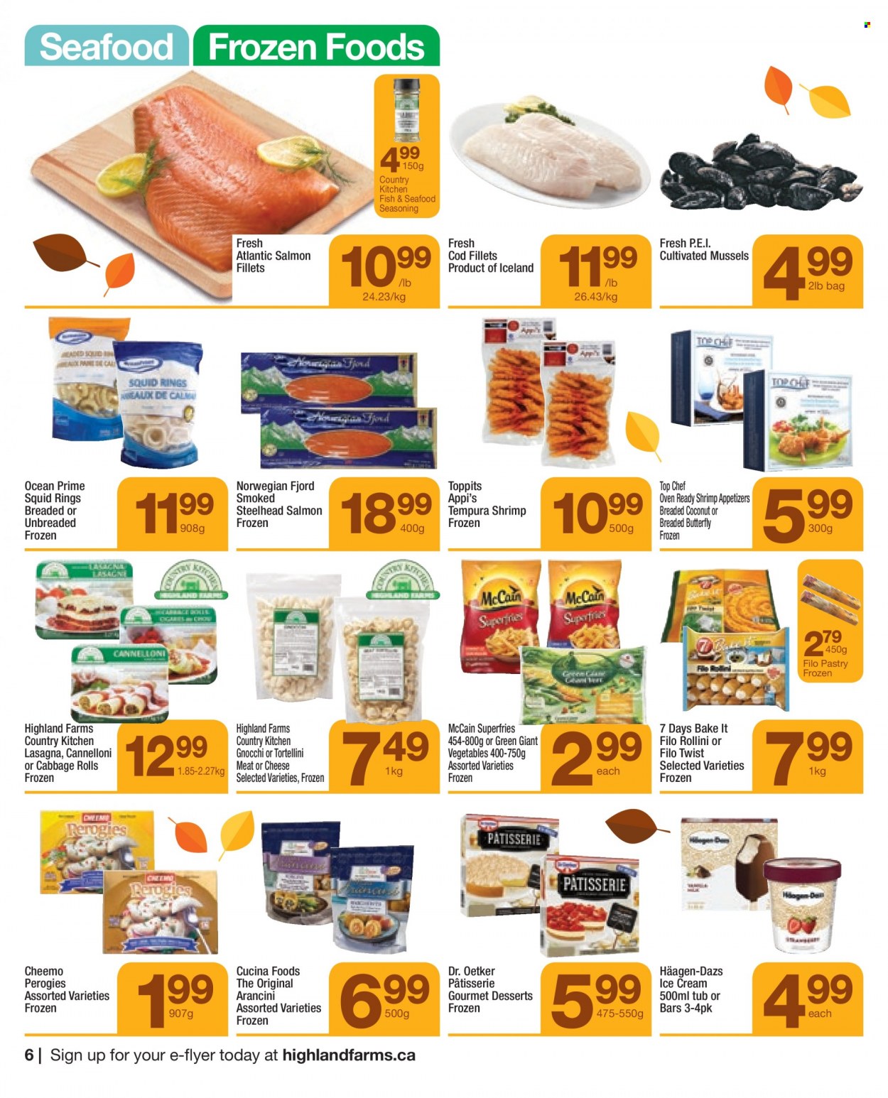 thumbnail - Highland Farms Flyer - September 30, 2021 - October 13, 2021 - Sales products - cabbage, cod, mussels, salmon, salmon fillet, squid, seafood, fish, shrimps, squid rings, tortellini, lasagna meal, Dr. Oetker, filo dough, ice cream, Häagen-Dazs, McCain, potato fries, 7 Days, spice, gnocchi. Page 6.
