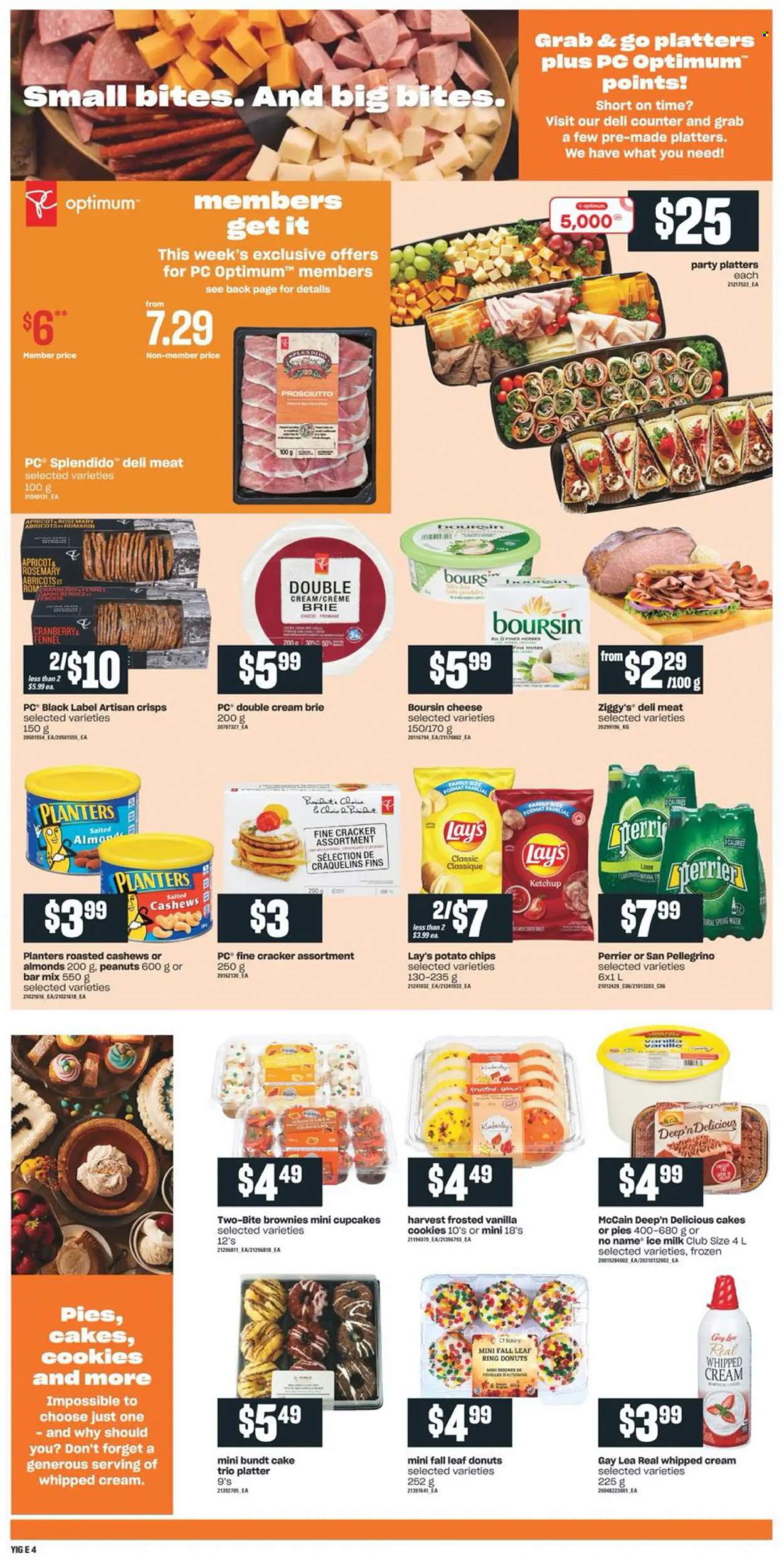 thumbnail - Independent Flyer - September 30, 2021 - October 06, 2021 - Sales products - cake, bundt, cupcake, brownies, donut, No Name, prosciutto, cheese, brie, milk, whipped cream, McCain, cookies, crackers, potato chips, Lay’s, fennel, rosemary, almonds, cashews, peanuts, Planters, Perrier, San Pellegrino, Optimum, ketchup. Page 6.