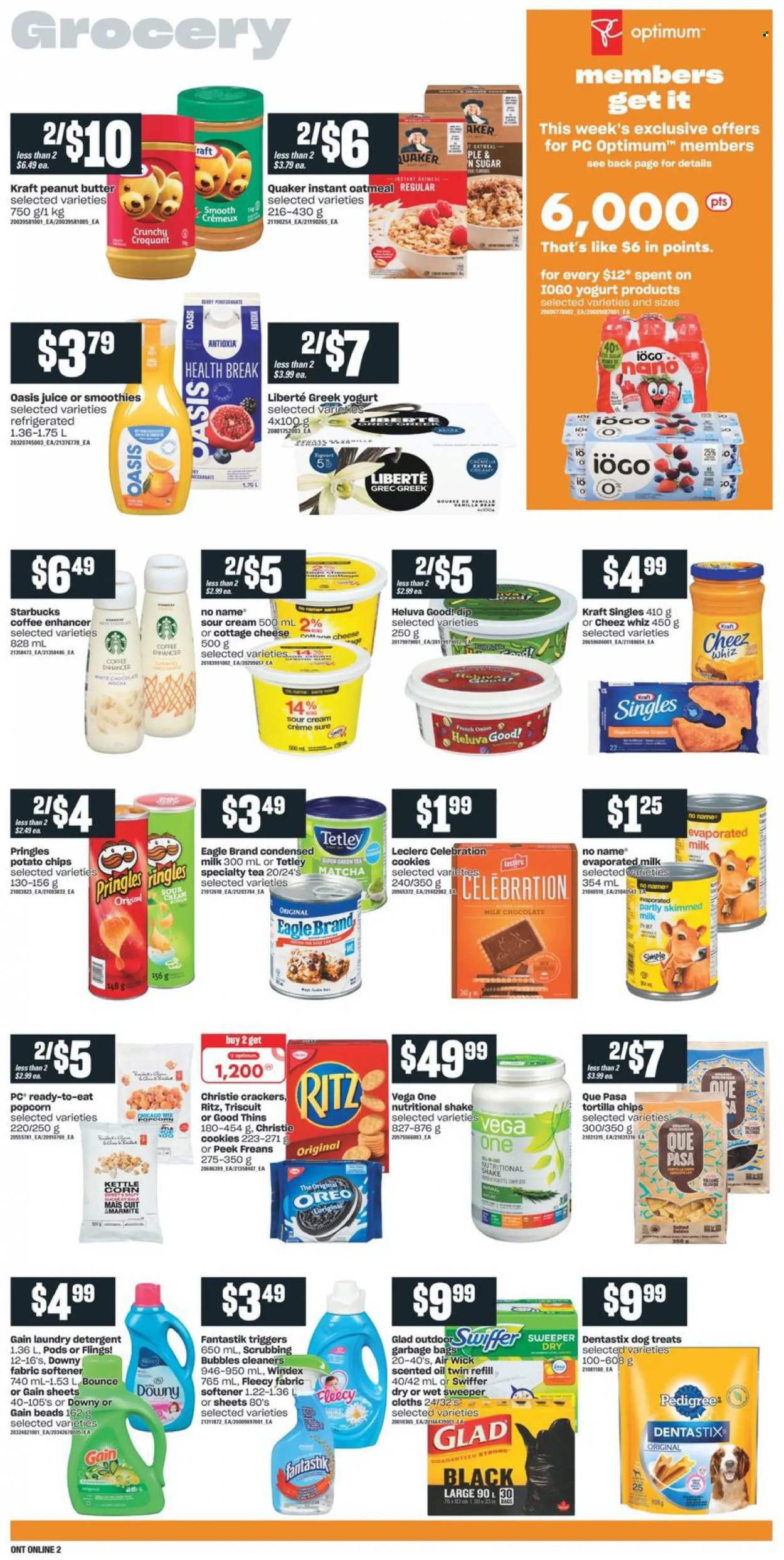 thumbnail - Independent Flyer - September 30, 2021 - October 06, 2021 - Sales products - No Name, Quaker, Kraft®, cottage cheese, sandwich slices, cheese, Kraft Singles, greek yoghurt, yoghurt, evaporated milk, condensed milk, shake, sour cream, dip, cookies, milk chocolate, chocolate, Celebration, crackers, RITZ, tortilla chips, kettle corn, potato chips, Pringles, Thins, sugar, oatmeal, oil, peanut butter, juice, matcha, tea, coffee, Starbucks, Gain, Windex, Scrubbing Bubbles, Swiffer, fabric softener, laundry detergent, Downy Laundry, Sure, bag, Air Wick, scented oil, Dentastix, Optimum, Pedigree, Oreo, detergent, chips. Page 8.