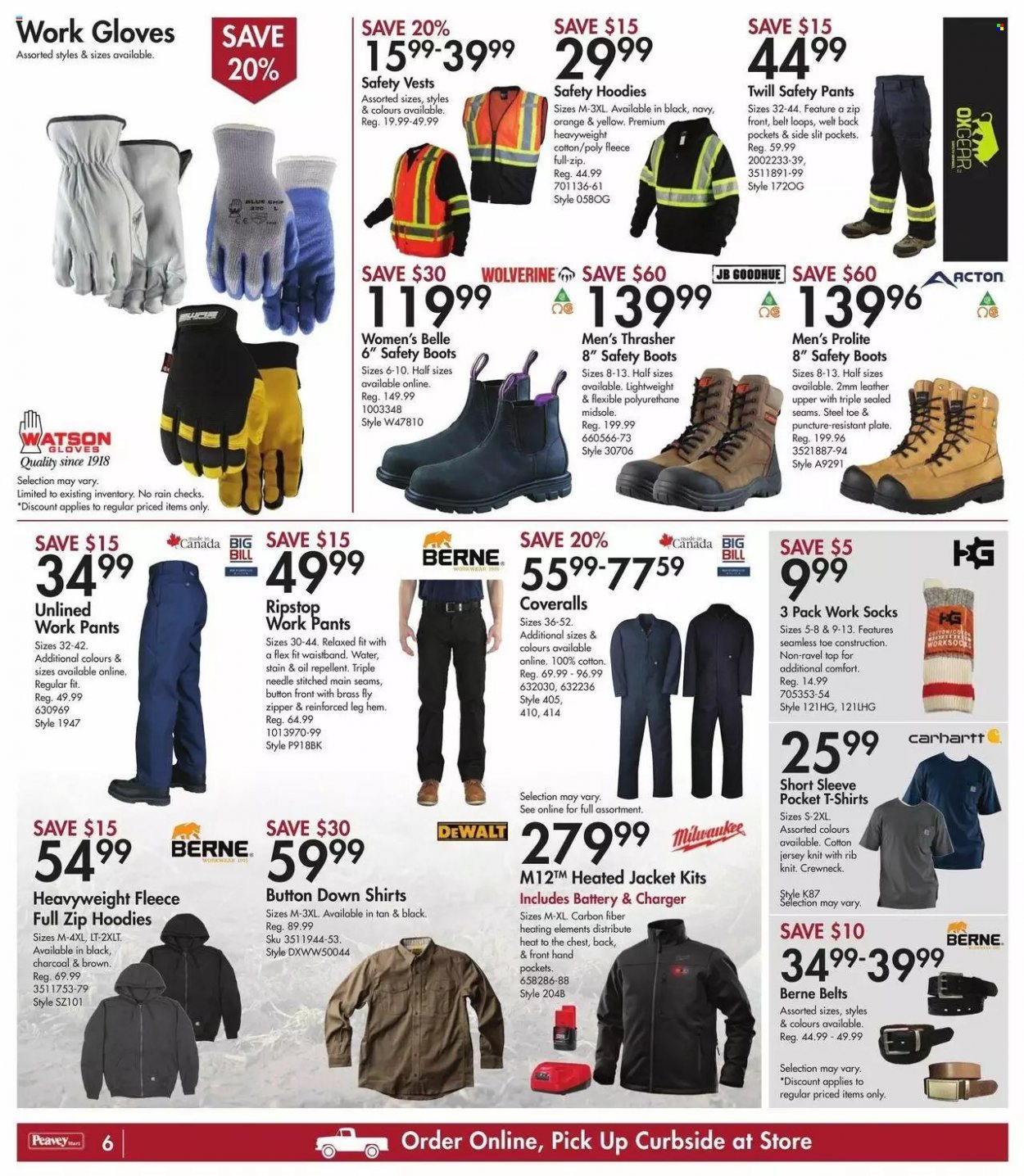 thumbnail - Peavey Mart Flyer - October 01, 2021 - October 06, 2021 - Sales products - plate, jacket, pants, t-shirt, hoodie, jersey, socks, boots, DeWALT, Milwaukee, work socks, work gloves. Page 7.