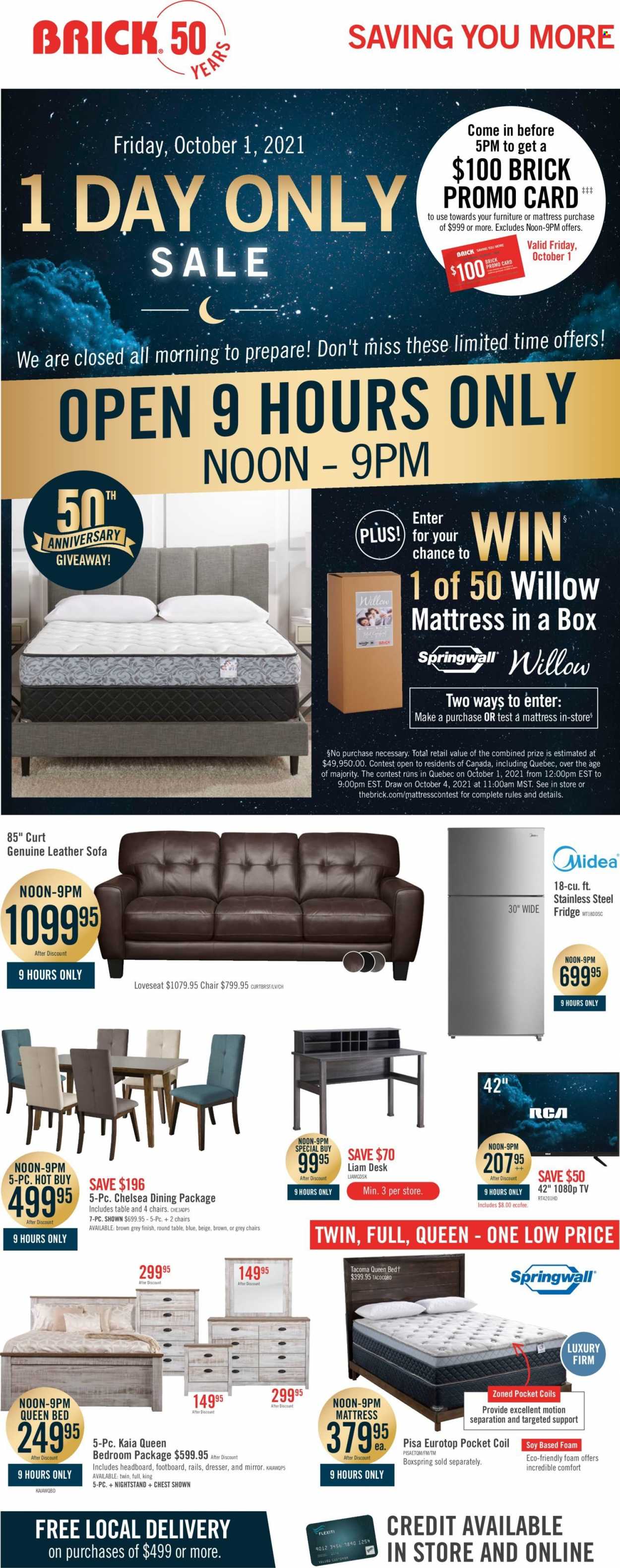 thumbnail - The Brick Flyer - October 01, 2021 - October 01, 2021 - Sales products - Midea, refrigerator, fridge, chair, leather sofa, loveseat, sofa, bed, queen bed, headboard, mattress, dresser, nightstand, mirror. Page 1.