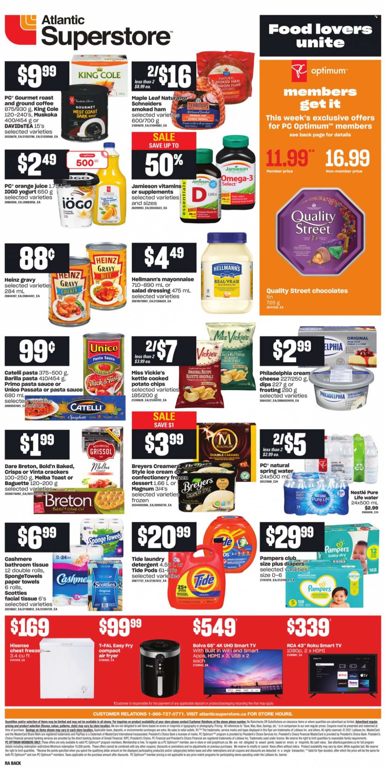 thumbnail - Atlantic Superstore Flyer - September 30, 2021 - October 06, 2021 - Sales products - spaghetti, pasta sauce, Barilla, ham, smoked ham, cream cheese, Président, yoghurt, mayonnaise, Hellmann’s, Magnum, ice cream, crackers, potato chips, frosting, Heinz, esponja, salad dressing, dressing, olive oil, oil, orange juice, juice, spring water, Pure Life Water, coffee, ground coffee, nappies, bath tissue, kitchen towels, paper towels, Tide, laundry detergent, Optimum, Omega-3, vitamin D3, Nestlé, baguette, detergent, Philadelphia, Pampers. Page 2.