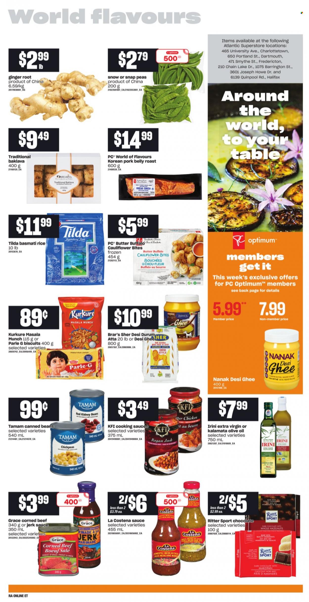 thumbnail - Atlantic Superstore Flyer - September 30, 2021 - October 06, 2021 - Sales products - beans, cauliflower, ginger, peas, corned beef, butter, ghee, snap peas, chocolate, biscuit, dark chocolate, Parle, Ritter Sport, flour, marzipan, kidney beans, basmati rice, rice, chickpeas, salsa, marinade, extra virgin olive oil, olive oil, oil, hazelnuts, beef meat, pork belly, pork meat, Optimum. Page 11.