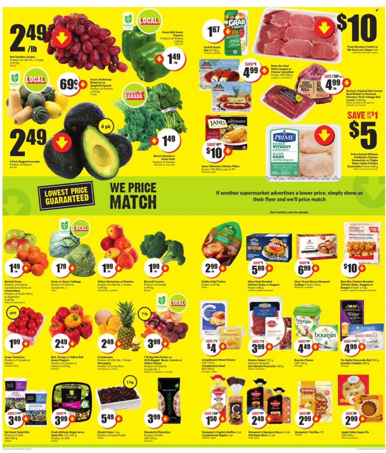 thumbnail - FreshCo. Flyer - September 30, 2021 - October 06, 2021 - Sales products - english muffins, tortillas, pie, buns, apple pie, butternut squash, cabbage, cantaloupe, carrots, sweet peppers, tomatoes, kale, pumpkin, onion, salad, peppers, avocado, Bartlett pears, clementines, nectarines, seedless grapes, pineapple, pears, peaches, scallops, nuggets, fried chicken, lasagna meal, bacon, salami, prosciutto, pastrami, corned beef, sliced cheese, cheddar, strips, chicken strips, snack, dried fruit, pistachios, chicken drumsticks, chicken, beef meat, beef brisket, pork chops, pork loin, pork meat, mozzarella, raisins, oranges. Page 2.