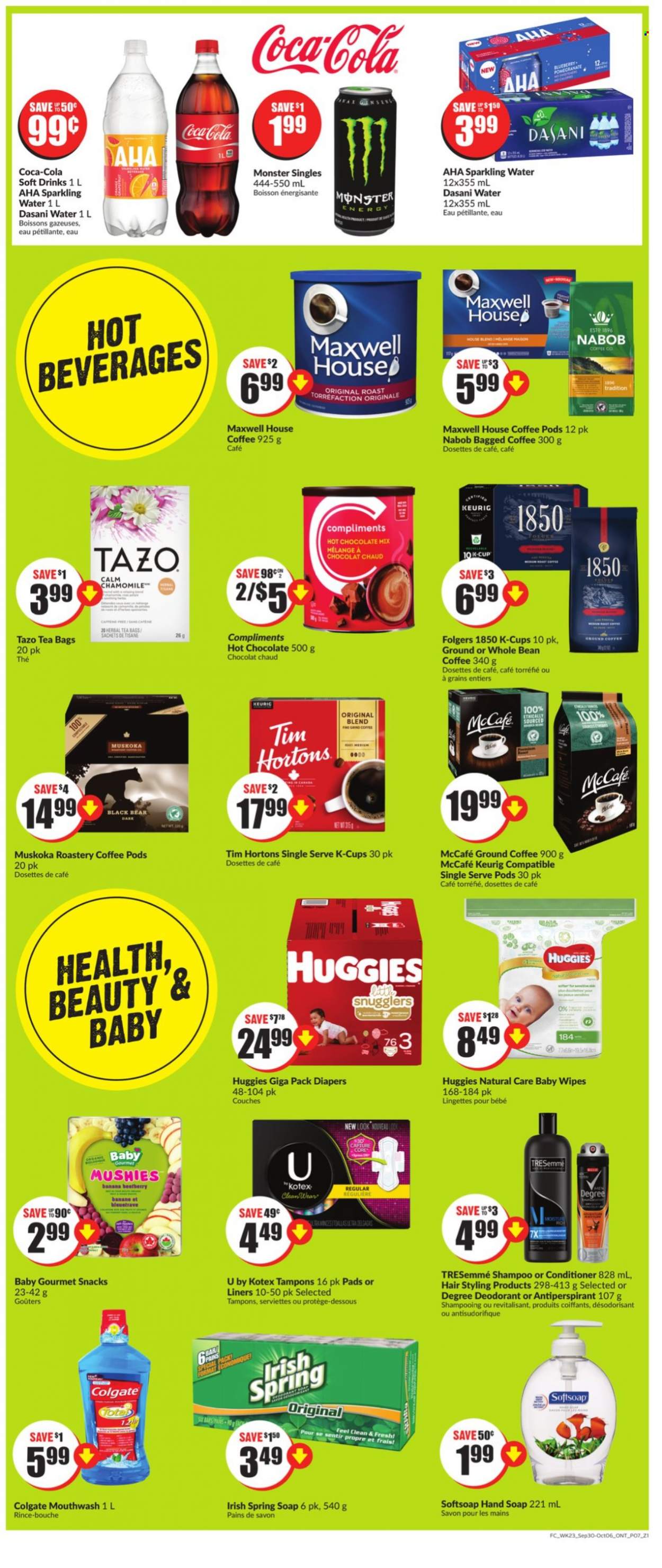 thumbnail - FreshCo. Flyer - September 30, 2021 - October 06, 2021 - Sales products - pomegranate, snack, Coca-Cola, Monster, soft drink, sparkling water, hot chocolate, Maxwell House, herbal tea, tea bags, coffee pods, Folgers, ground coffee, coffee capsules, McCafe, K-Cups, Keurig, bagged coffee, Colgate, shampoo, Huggies, deodorant. Page 5.