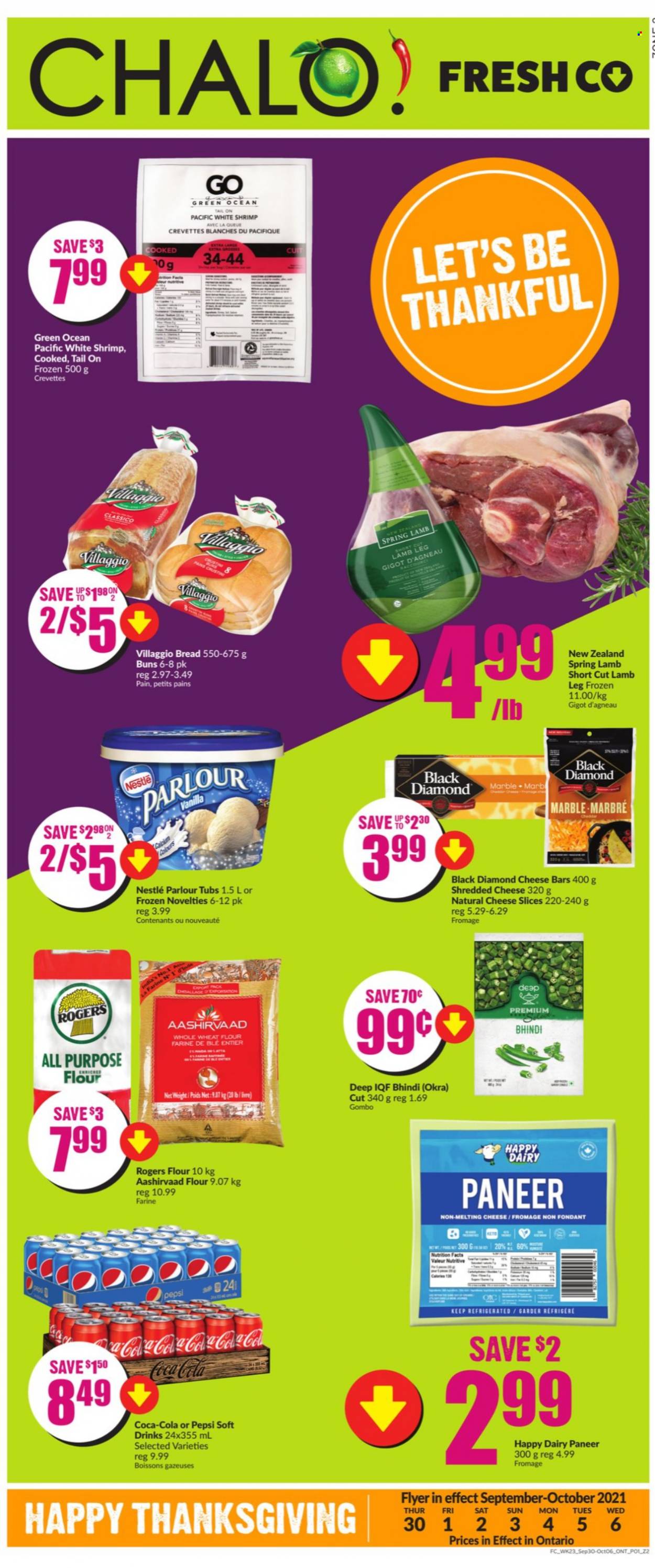 thumbnail - Chalo! FreshCo. Flyer - September 30, 2021 - October 06, 2021 - Sales products - bread, buns, okra, shrimps, shredded cheese, sliced cheese, paneer, all purpose flour, flour, wheat flour, whole wheat flour, Aashirvaad, Classico, Coca-Cola, Pepsi, soft drink, lamb meat, lamb leg, Nestlé. Page 1.