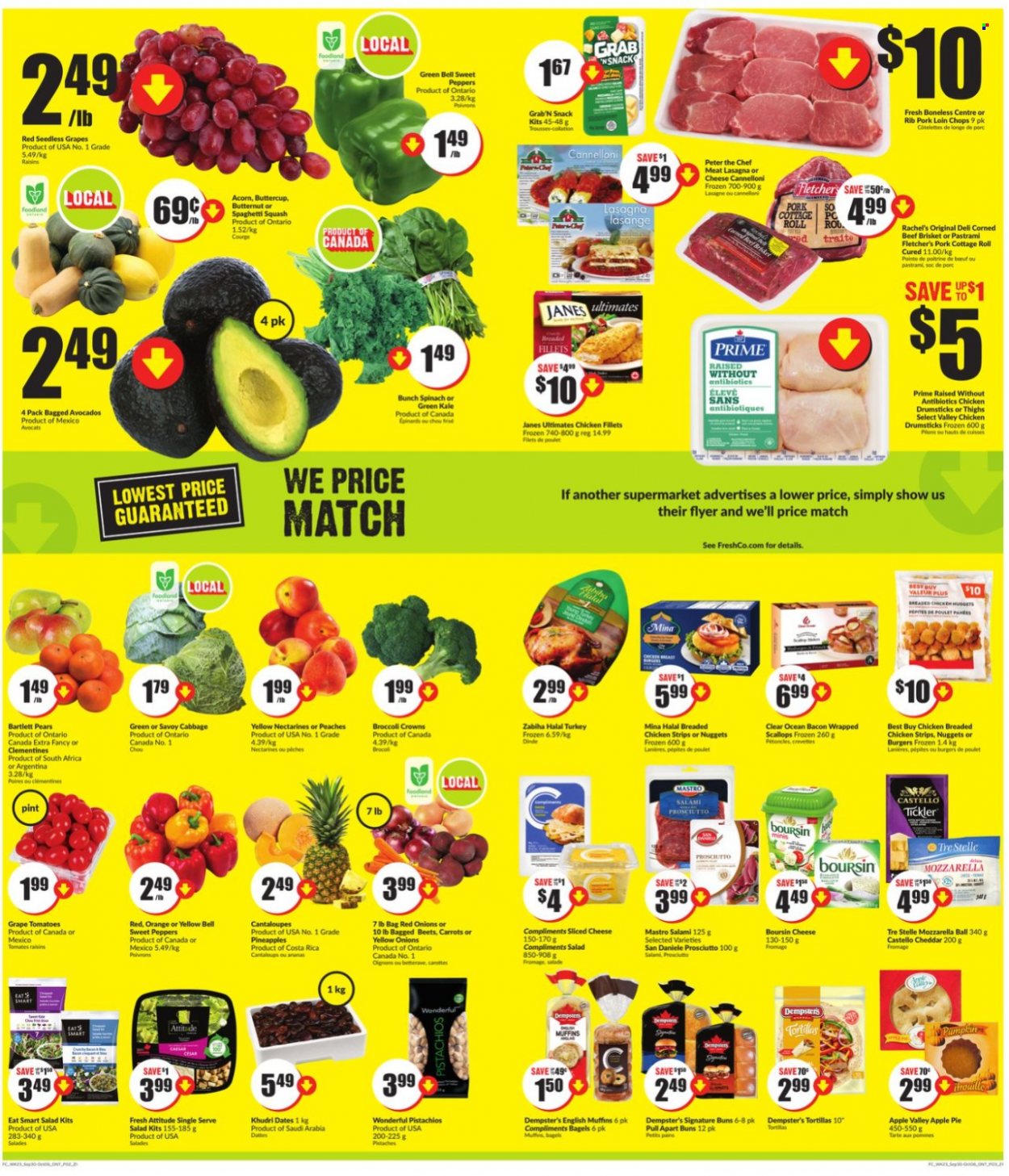 thumbnail - Chalo! FreshCo. Flyer - September 30, 2021 - October 06, 2021 - Sales products - english muffins, tortillas, pie, buns, apple pie, butternut squash, cabbage, cantaloupe, carrots, sweet peppers, tomatoes, kale, pumpkin, onion, salad, peppers, avocado, Bartlett pears, clementines, nectarines, seedless grapes, pineapple, pears, peaches, bacon wrapped scallops, scallops, spaghetti, nuggets, fried chicken, bacon, salami, prosciutto, pastrami, corned beef, sliced cheese, cheddar, strips, chicken strips, snack, dried fruit, pistachios, chicken drumsticks, chicken, beef meat, beef brisket, pork chops, pork loin, pork meat, mozzarella, raisins, oranges. Page 2.