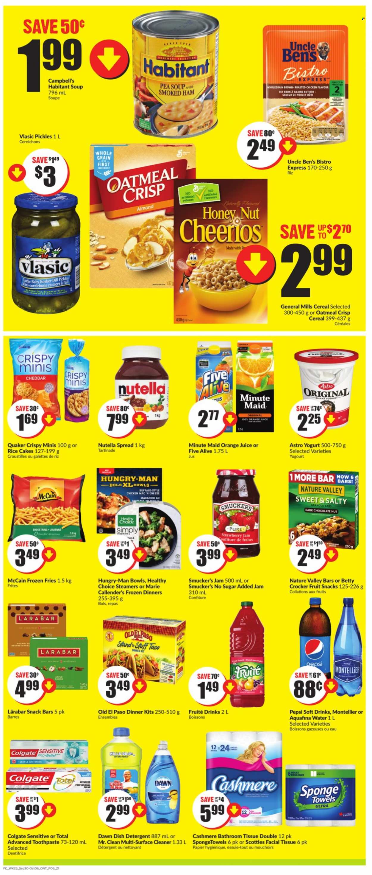 thumbnail - Chalo! FreshCo. Flyer - September 30, 2021 - October 06, 2021 - Sales products - Old El Paso, garlic, Campbell's, chicken roast, macaroni, soup, dinner kit, Quaker, Healthy Choice, Marie Callender's, ham, smoked ham, cheese, yoghurt, McCain, potato fries, chocolate, dark chocolate, fruit snack, snack bar, oatmeal, strawberry jam, pickles, Uncle Ben's, cereals, Cheerios, granola bar, Nature Valley, dill, fruit jam, Pepsi, orange juice, juice, soft drink, fruit punch, Aquafina, detergent, Colgate, Nutella. Page 4.