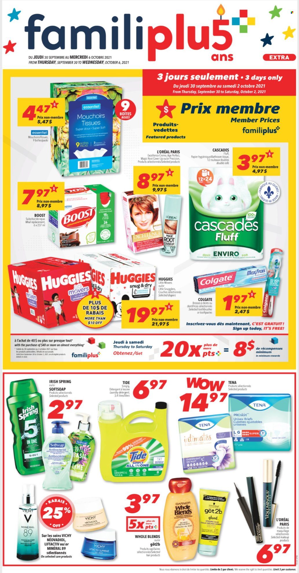 thumbnail - Familiprix Extra Flyer - September 30, 2021 - October 06, 2021 - Sales products - esponja, Boost, nappies, tissues, Tide, laundry detergent, Softsoap, Vichy, L’Oréal, makeup, detergent, Colgate, Garnier, Huggies, Tena Lady. Page 1.