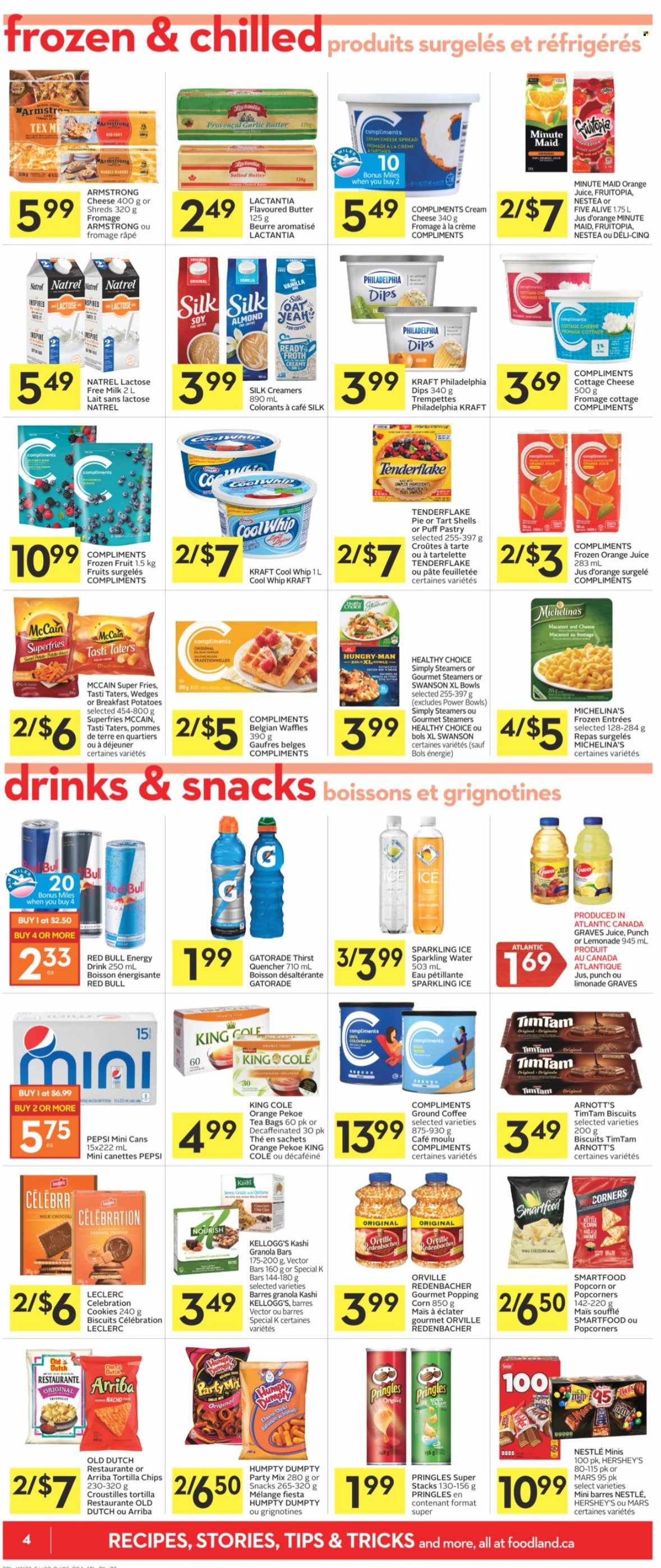 thumbnail - Co-op Flyer - September 30, 2021 - October 06, 2021 - Sales products - pie, waffles, corn, potatoes, macaroni, Healthy Choice, Kraft®, cheese spread, cottage cheese, cream cheese, milk, lactose free milk, Silk, butter, Cool Whip, puff pastry, Hershey's, McCain, potato fries, cookies, Mars, Celebration, Kellogg's, biscuit, tortilla chips, Pringles, Smartfood, popcorn, oats, granola bar, lemonade, Pepsi, orange juice, juice, energy drink, Red Bull, Gatorade, fruit punch, sparkling water, tea bags, coffee, ground coffee, Nestlé, Philadelphia. Page 4.