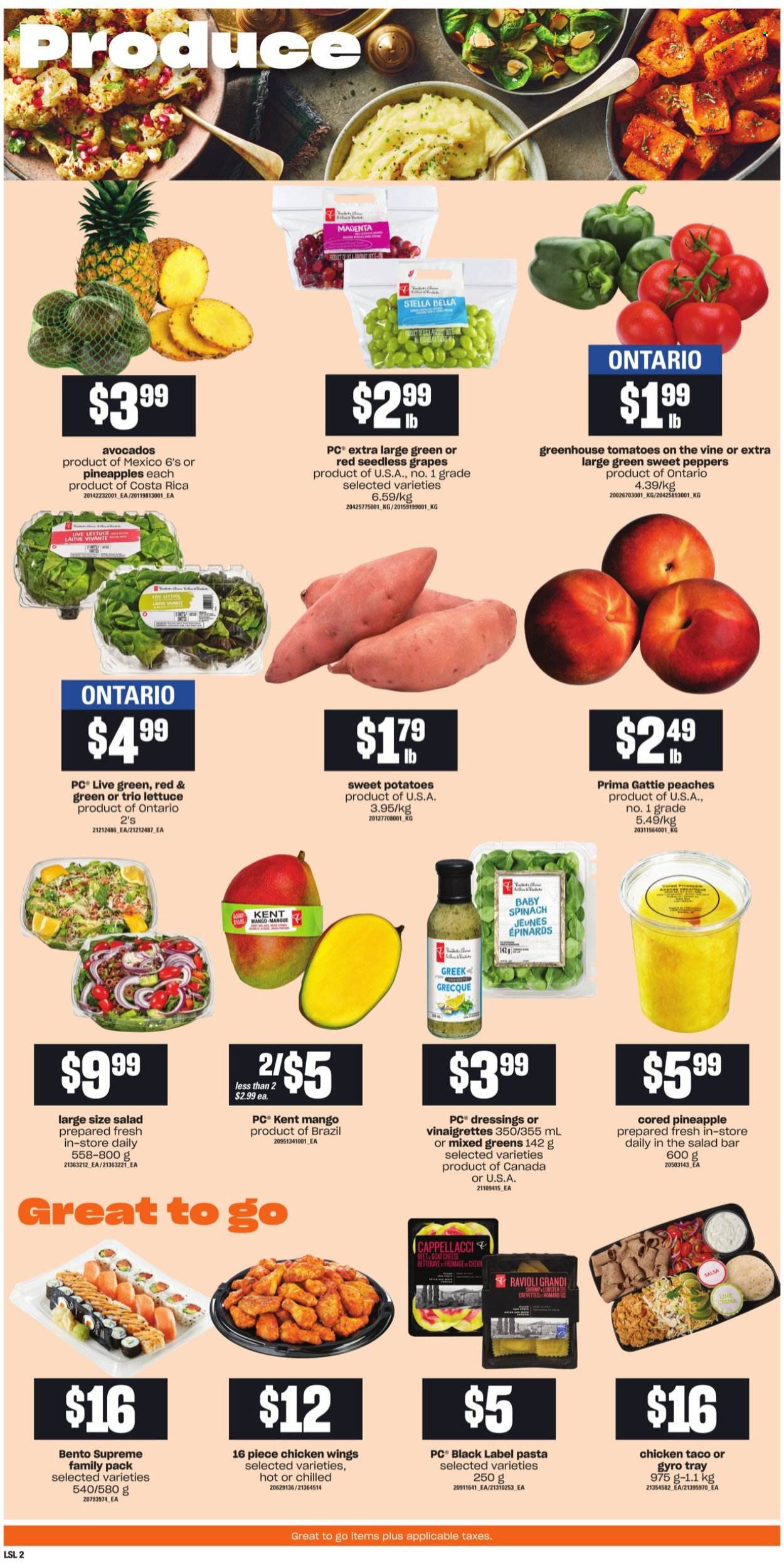 thumbnail - Loblaws Flyer - September 30, 2021 - October 06, 2021 - Sales products - spinach, sweet peppers, sweet potato, tomatoes, potatoes, lettuce, peppers, avocado, grapes, mango, seedless grapes, pineapple, peaches, ravioli, pasta, goat cheese, cheese, chicken wings, salsa. Page 3.