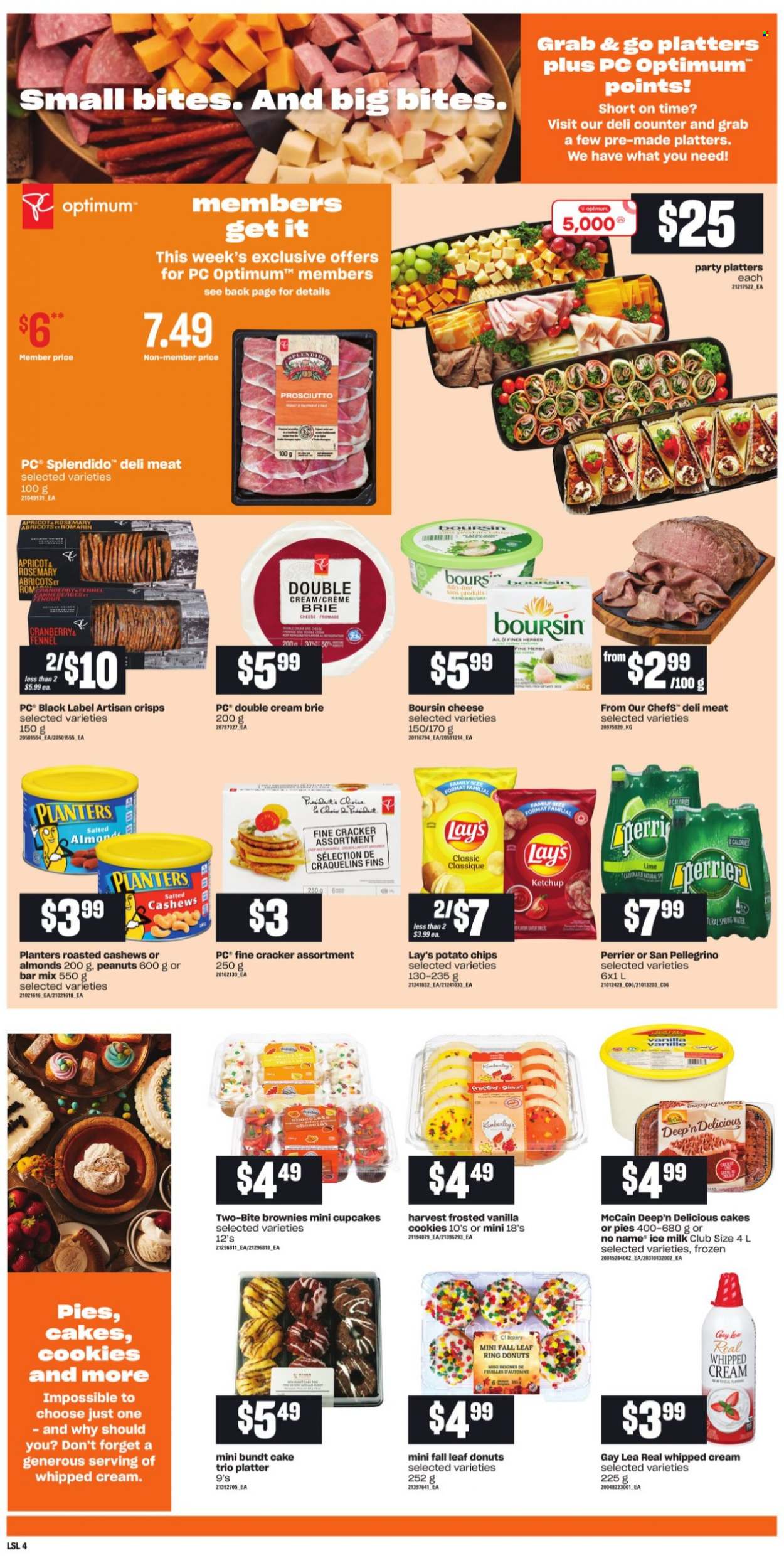 thumbnail - Loblaws Flyer - September 30, 2021 - October 06, 2021 - Sales products - cake, bundt, cupcake, brownies, donut, No Name, prosciutto, cheese, brie, milk, whipped cream, McCain, cookies, crackers, potato chips, Lay’s, fennel, rosemary, herbs, almonds, cashews, peanuts, Planters, Perrier, spring water, San Pellegrino, Optimum, ketchup. Page 6.