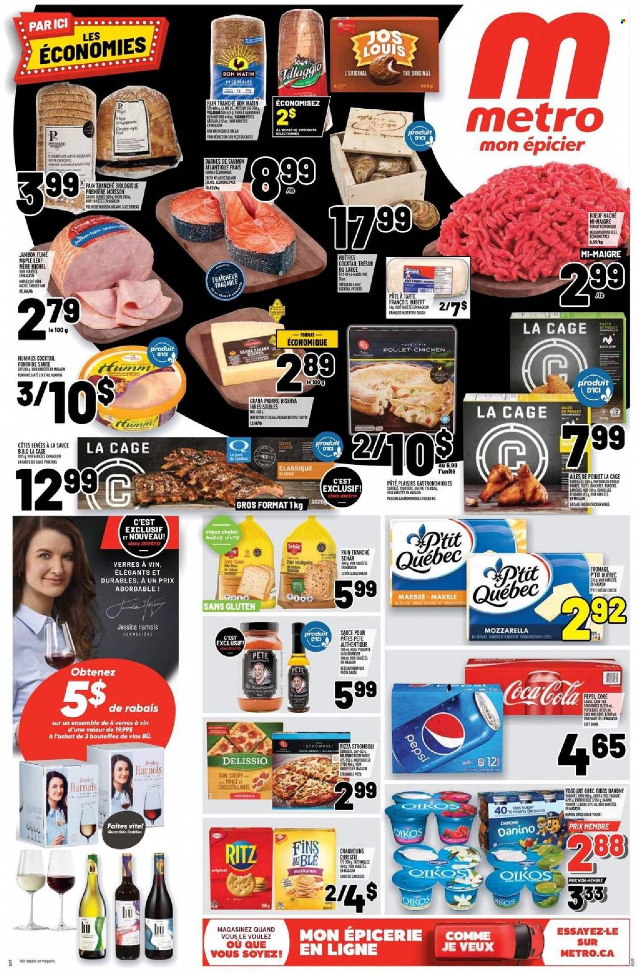 thumbnail - Metro Flyer - September 30, 2021 - October 06, 2021 - Sales products - bread, pie, oysters, pizza, hamburger, sauce, hummus, Grana Padano, Oikos, crackers, RITZ, Coca-Cola, Pepsi, PREMIERE, cage, Danone, steak. Page 1.