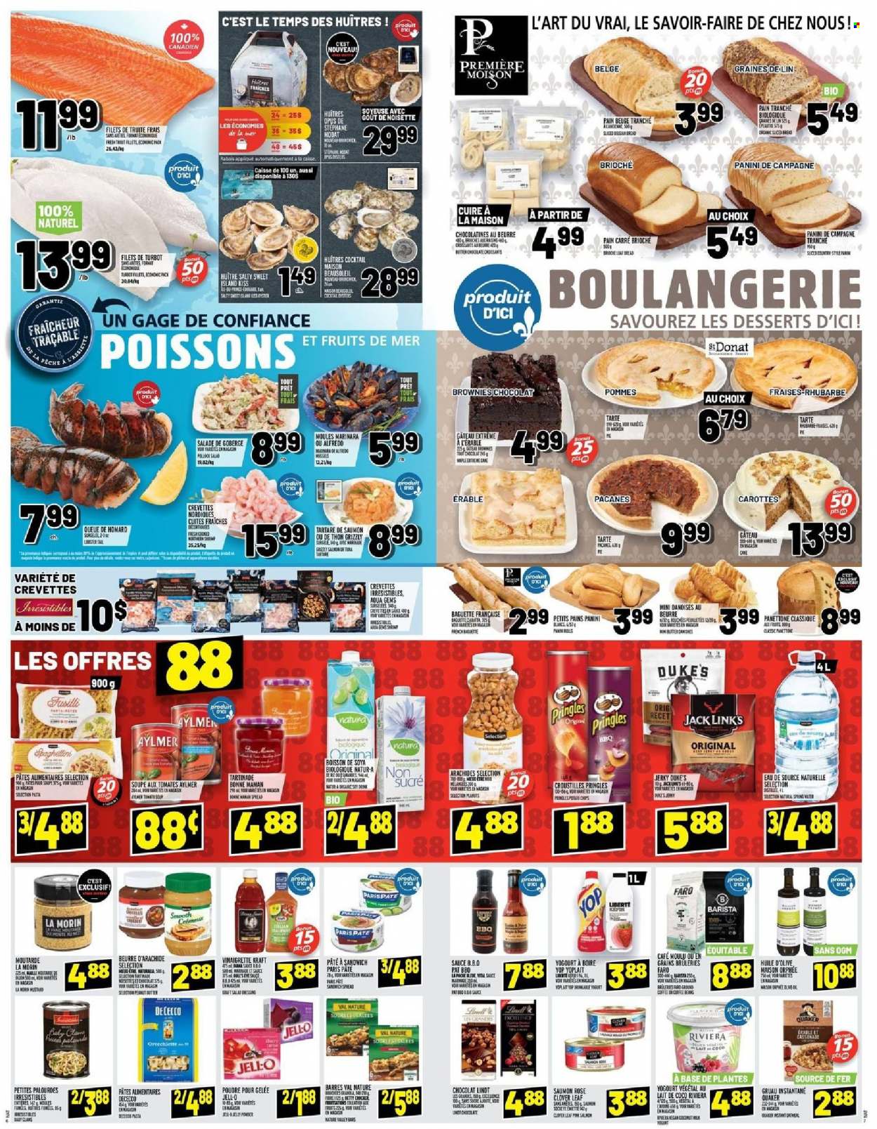 thumbnail - Metro Flyer - September 30, 2021 - October 06, 2021 - Sales products - bread, cake, pie, croissant, panini, brioche, panettone, brownies, clams, salmon, trout, oysters, turbot, shrimps, sandwich, pasta, sauce, Quaker, Kraft®, jerky, Clover, Yoplait, butter, chocolate, Pringles, Jell-O, mustard, salad dressing, vinaigrette dressing, dressing, marinade, oil, peanuts, coffee, rosé wine, PREMIERE, rose, baguette, Lindt. Page 5.