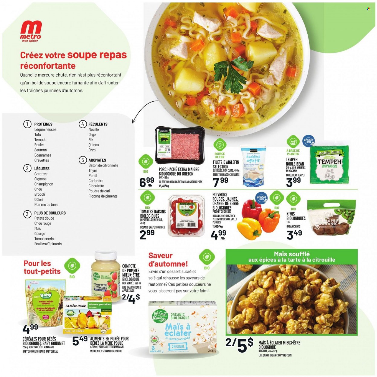 thumbnail - Metro Flyer - September 30, 2021 - October 06, 2021 - Sales products - corn, sweet peppers, tomatoes, peppers, haddock, sauce, tofu, compote, cereals, apple sauce, dried fruit, ground pork, Persil, kiwi, quinoa, raisins, oranges. Page 2.