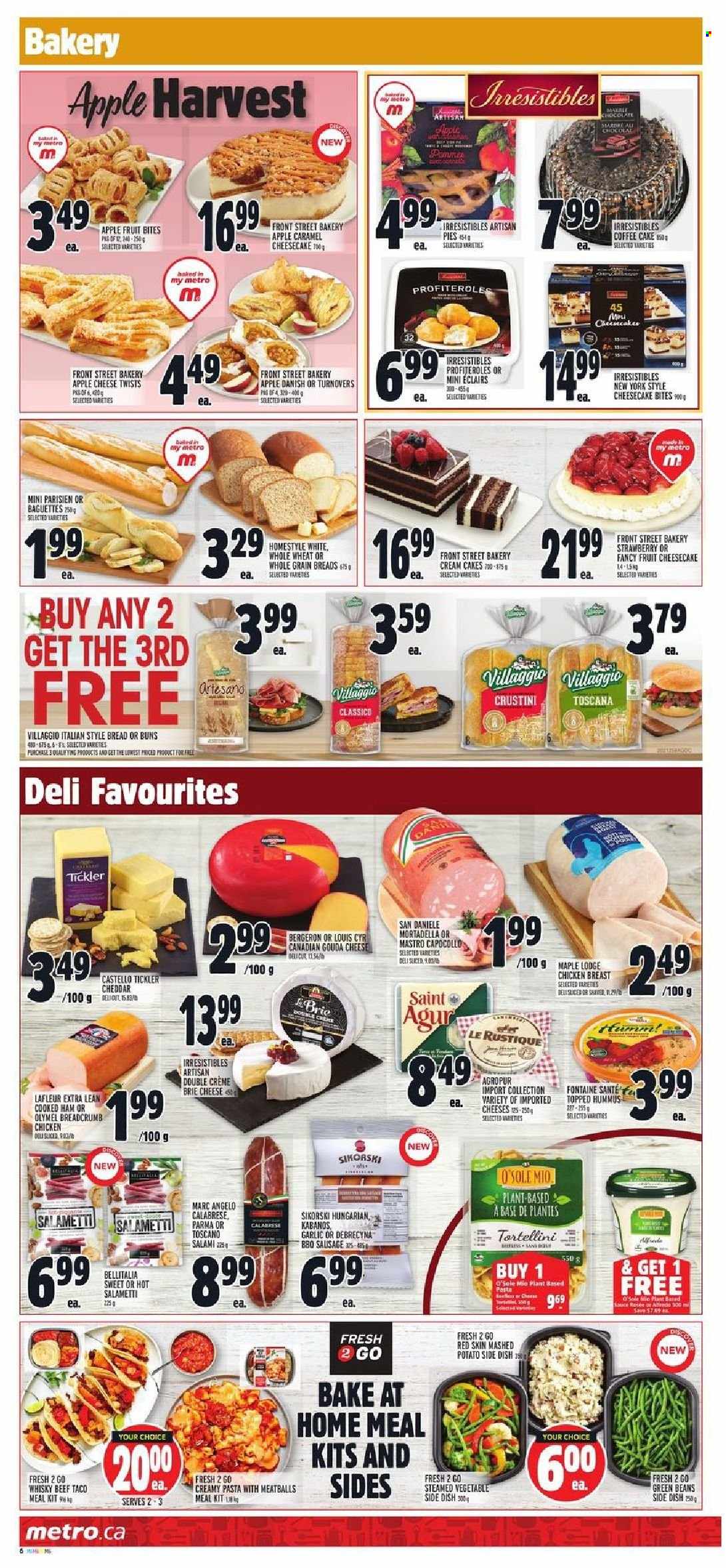 thumbnail - Metro Flyer - September 30, 2021 - October 06, 2021 - Sales products - bread, cake, buns, turnovers, cheesecake, coffee cake, garlic, green beans, meatballs, tortellini, cooked ham, mortadella, salami, ham, sausage, hummus, gouda, cheddar, cheese, brie, caramel, Classico, whisky, chicken breasts, chicken, slicer, pet bed, baguette. Page 6.