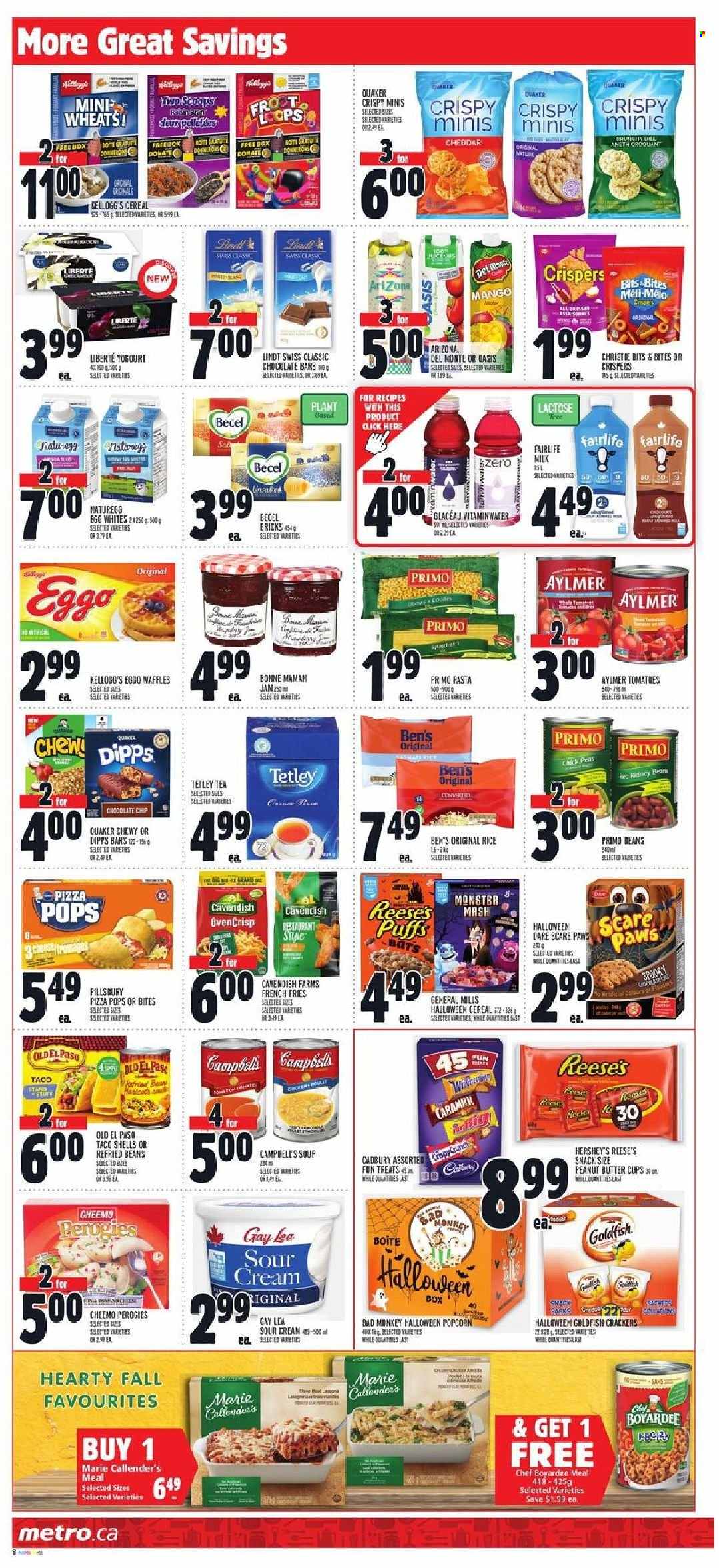 thumbnail - Metro Flyer - September 30, 2021 - October 06, 2021 - Sales products - Old El Paso, puffs, waffles, beans, peas, mango, Campbell's, pizza, soup, pasta, Pillsbury, Quaker, Marie Callender's, milk, eggs, sour cream, Reese's, Hershey's, potato fries, french fries, chocolate chips, snack, crackers, Kellogg's, Cadbury, peanut butter cups, chocolate bar, popcorn, Goldfish, refried beans, Chef Boyardee, cereals, fruit jam, Monster, AriZona, tea, Paws, Lindt. Page 10.