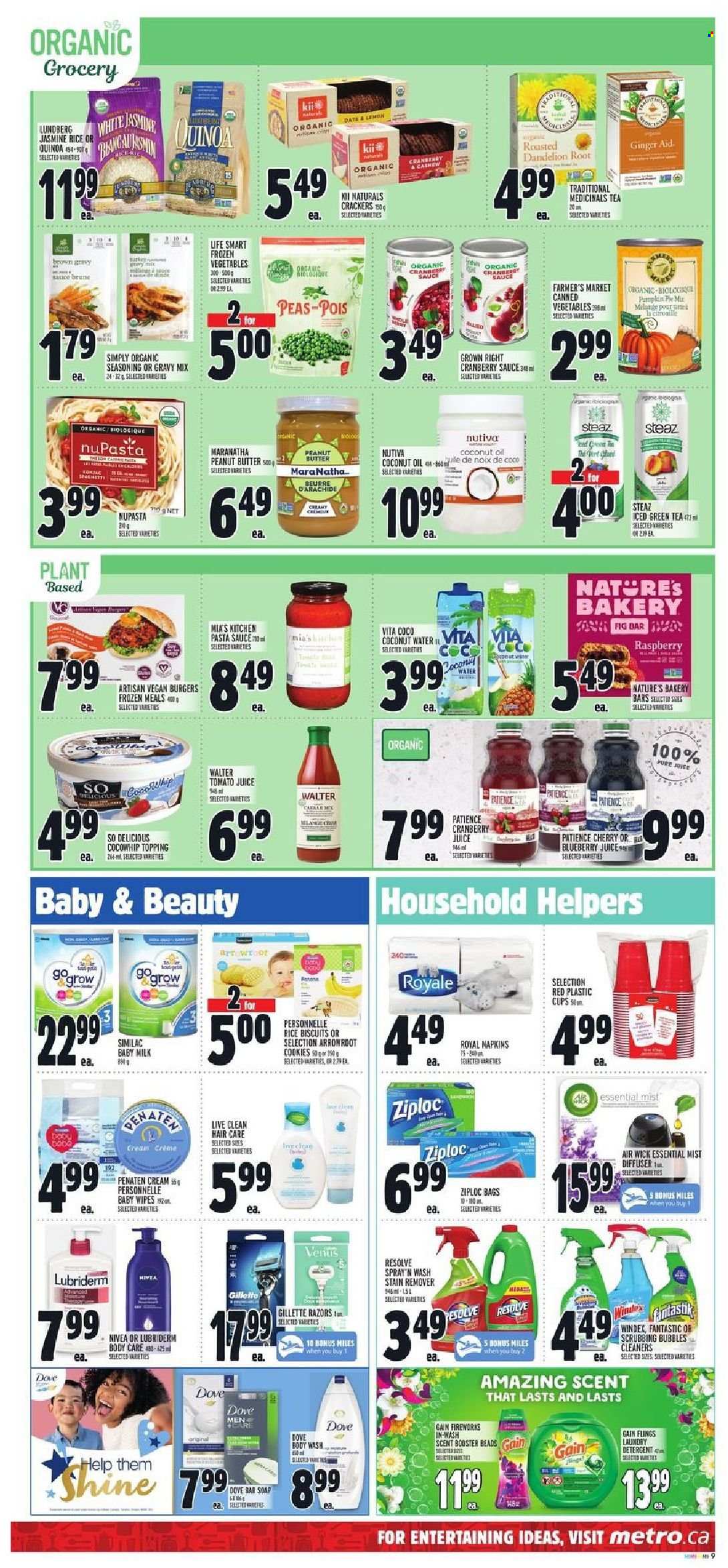 thumbnail - Metro Flyer - September 30, 2021 - October 06, 2021 - Sales products - pie, ginger, pumpkin, peas, cherries, pasta sauce, hamburger, sauce, veggie burger, milk, frozen vegetables, cookies, crackers, biscuit, topping, canned vegetables, jasmine rice, gravy mix, spice, coconut oil, oil, cranberry sauce, peanut butter, cranberry juice, juice, coconut water, green tea, tea, Similac, wipes, baby wipes, Gain, Windex, Scrubbing Bubbles, stain remover, laundry detergent, Gain Fireworks, body wash, soap bar, soap, Lubriderm, bag, Ziploc, cup, diffuser, Air Wick, detergent, Dove, Gillette, quinoa, Nivea. Page 12.