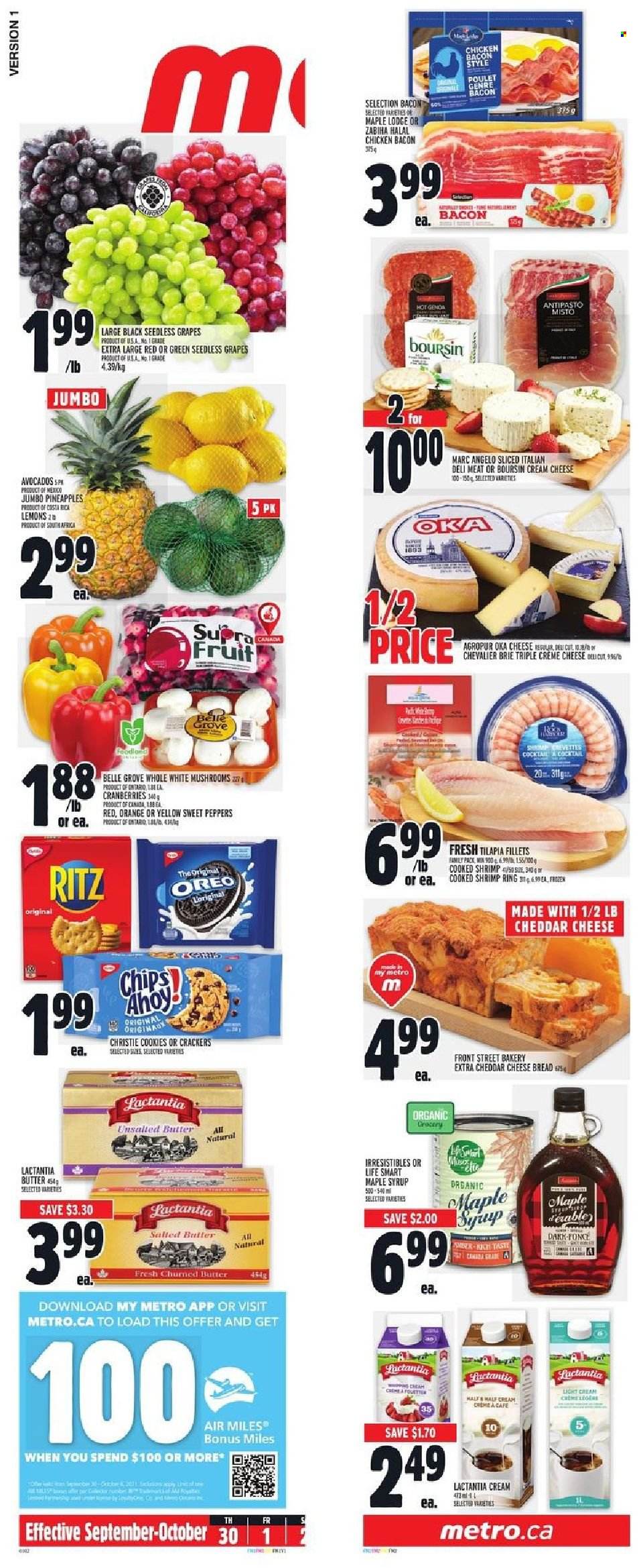 thumbnail - Metro Flyer - September 30, 2021 - October 06, 2021 - Sales products - mushrooms, bread, sweet peppers, peppers, avocado, grapes, seedless grapes, pineapple, lemons, tilapia, shrimps, bacon, cream cheese, cheddar, cheese, brie, cookies, crackers, RITZ, cranberries, maple syrup, syrup, Oreo, oranges. Page 16.