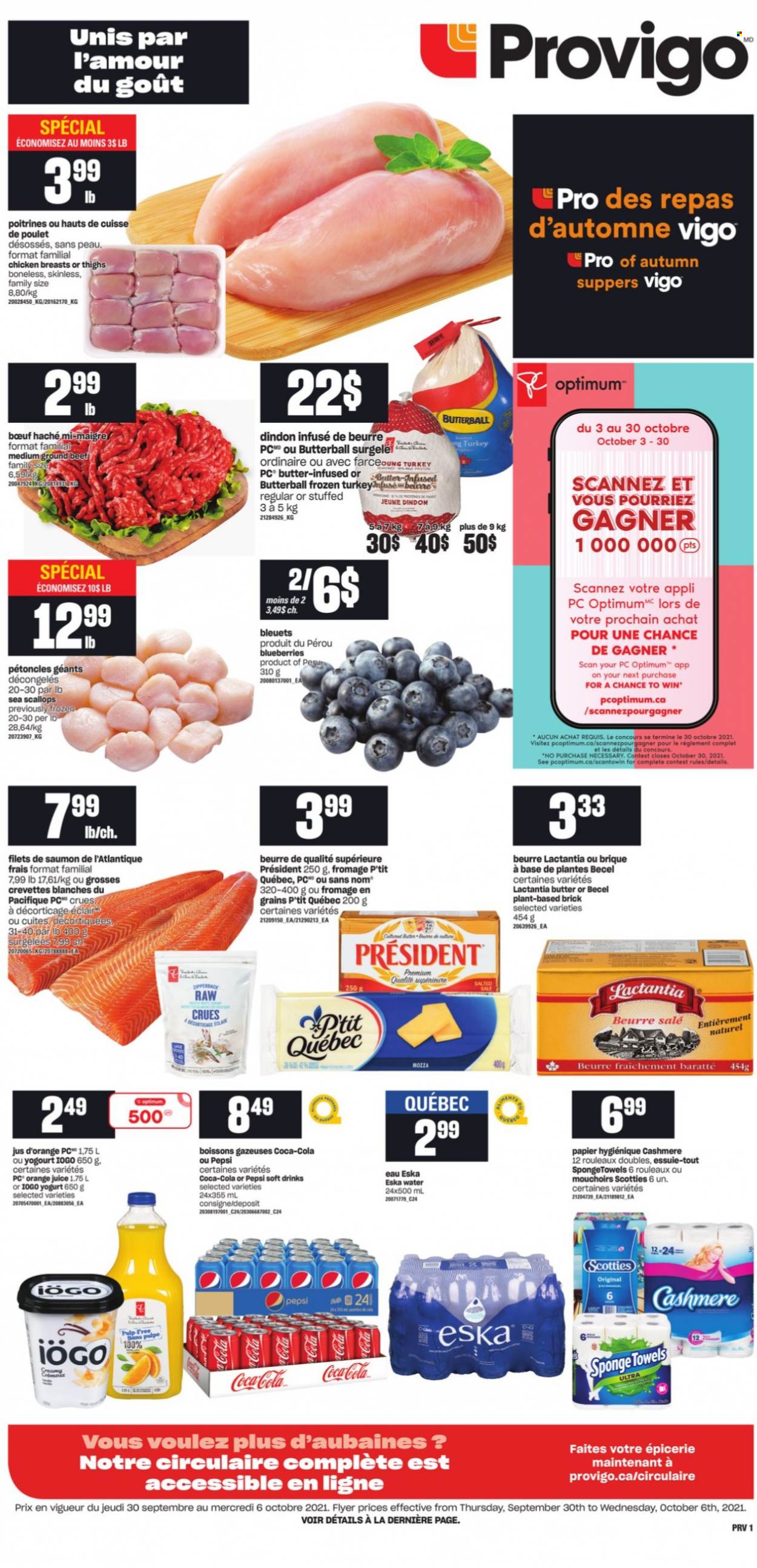 thumbnail - Provigo Flyer - September 30, 2021 - October 06, 2021 - Sales products - blueberries, scallops, Butterball, Président, yoghurt, Coca-Cola, Pepsi, orange juice, juice, soft drink, chicken breasts, beef meat, ground beef. Page 1.