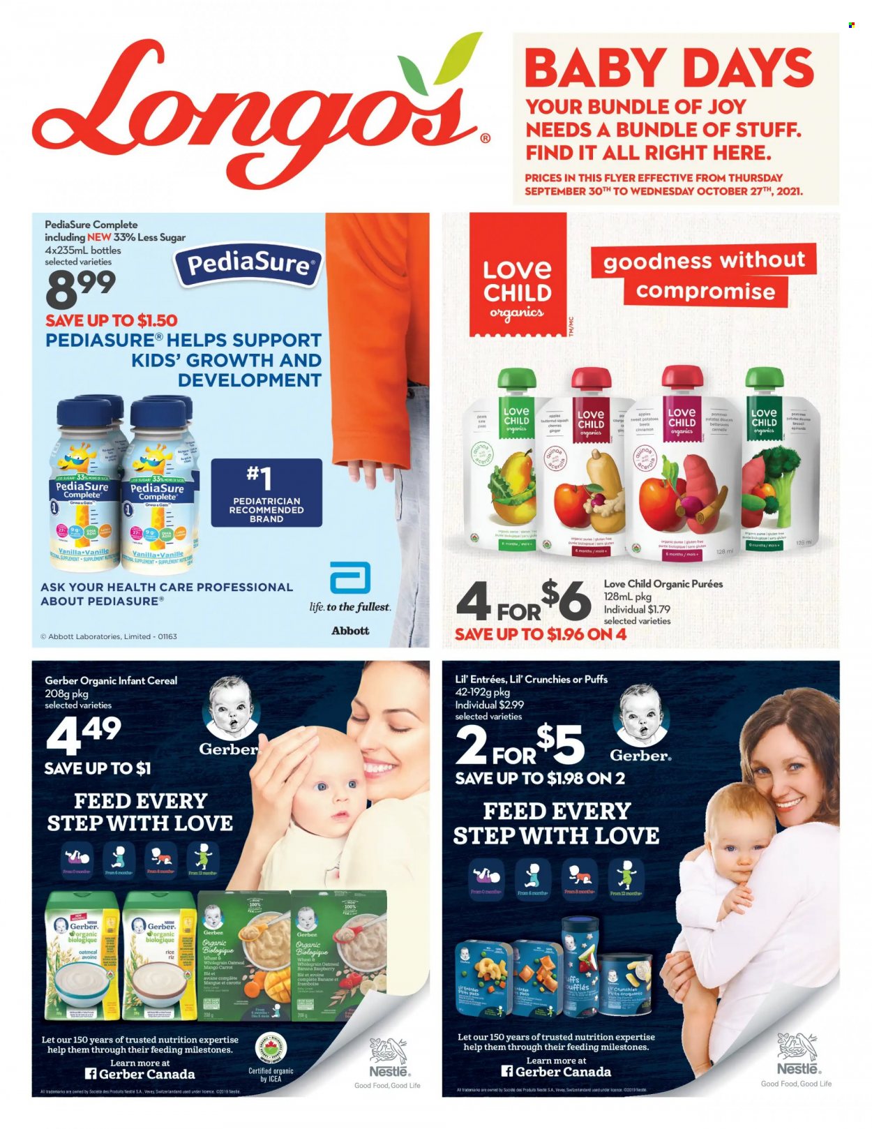 thumbnail - Longo's Flyer - September 30, 2021 - October 27, 2021 - Sales products - puffs, butternut squash, ginger, sweet potato, kale, potatoes, peas, apples, cherries, pears, Gerber, Lil' Crunchies, oatmeal, cereals, rice, Good Life, cinnamon, Ron Pelicano, Gain, Joy, Nestlé. Page 1.