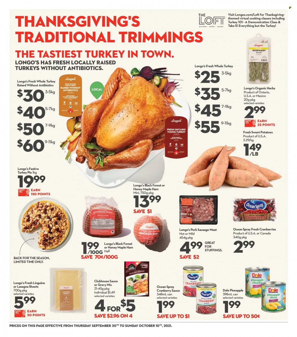 thumbnail - Longo's Flyer - September 30, 2021 - October 10, 2021 - Sales products - sweet potato, potatoes, Dole, pineapple, ham, smoked ham, sausage, pork sausage, cranberries, lasagne sheets, rosemary, gravy mix, herbs, cranberry sauce, whole turkey, turkey, sausage meat. Page 3.
