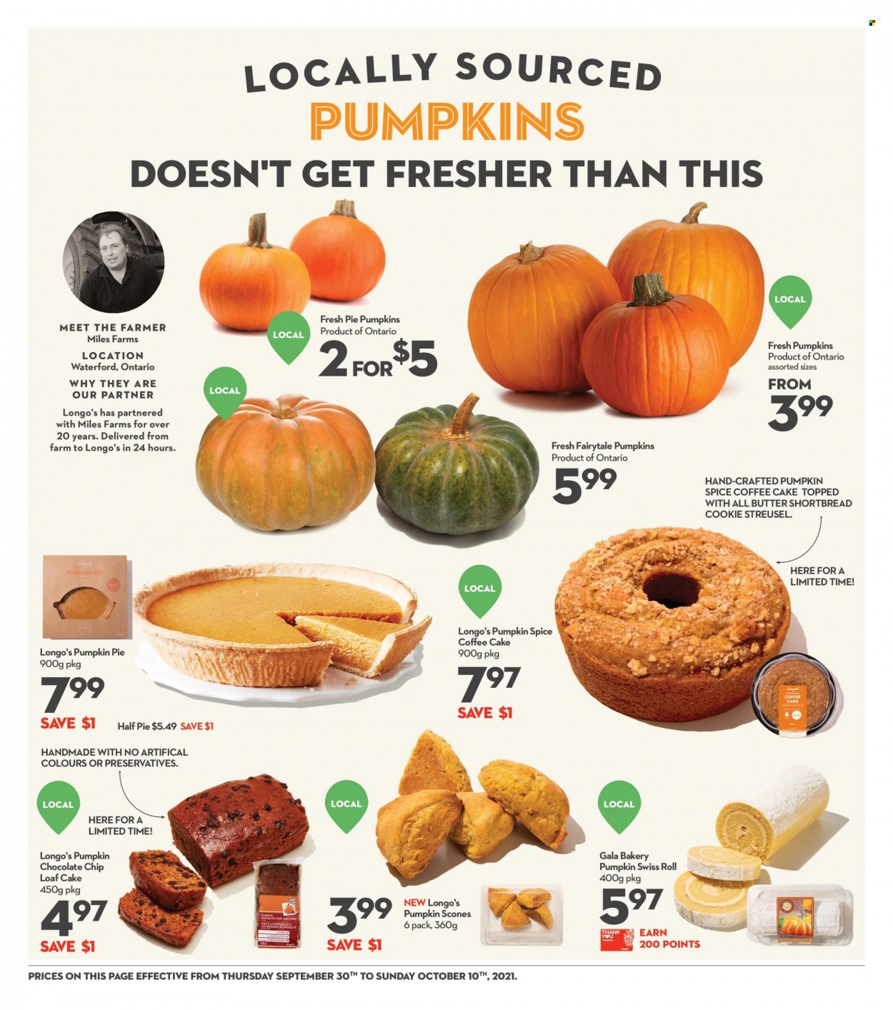 thumbnail - Longo's Flyer - September 30, 2021 - October 10, 2021 - Sales products - cake, pie, swiss roll, loaf cake, coffee cake, Gala, chocolate chips, spice. Page 4.