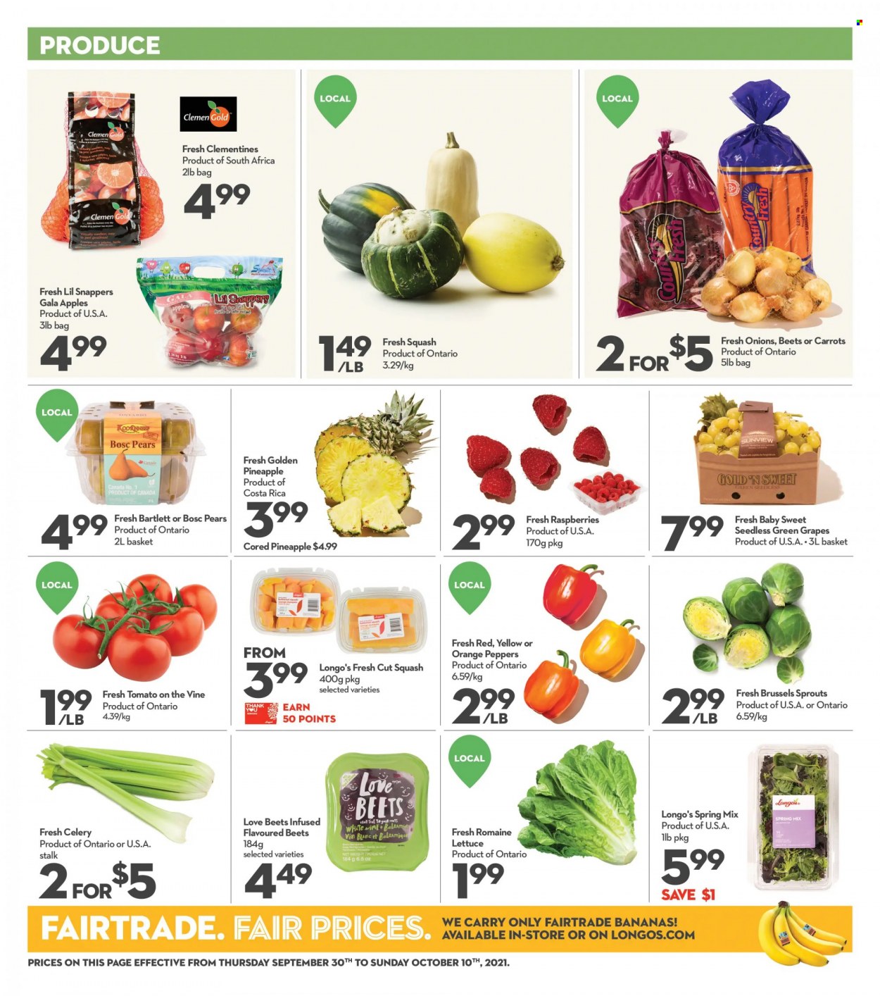 thumbnail - Longo's Flyer - September 30, 2021 - October 10, 2021 - Sales products - carrots, celery, lettuce, peppers, brussel sprouts, apples, bananas, clementines, Gala, grapes, pineapple, pears, wine. Page 5.